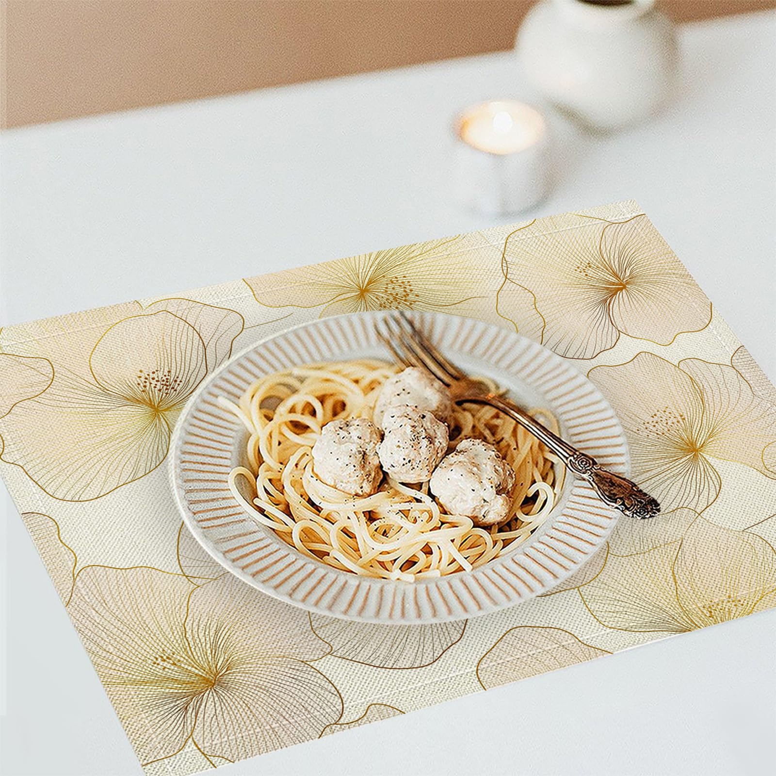 Set di 8 Tovagliette Americane Lavabili Cotone Lino Semplice - Tovaglietta Americana Resistenti al Calore Durevole Arte del filo di fiori in foglia d'oro - per Colazione Pranzo 30×45 cm