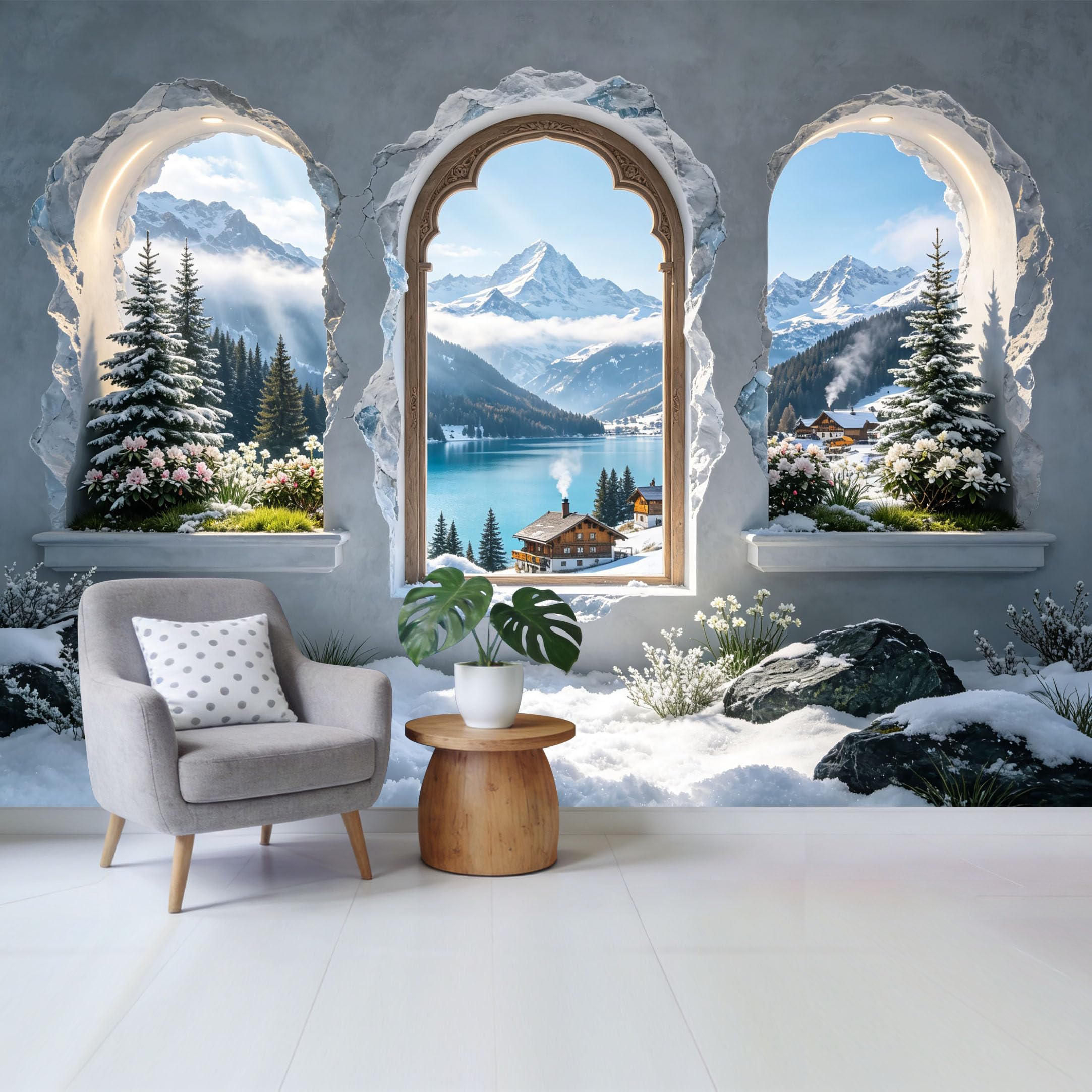 Removable Self Adhesive Fabric Mural， 3D Trompe L'Oeil Snowy Mountain Lake View Custom Size Wall Covering， UV Protected Waterproof Washable Wall Decor for Living Room Bedroom Bathroom
