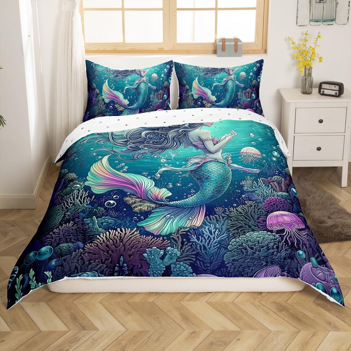 jejeloiu Kids Mermaid Bedding Set Toddler Size Princess Decor Duvet Cover for Boys Girls Teens Ocean Life Sea Animal Comforter Cover Dreamy Sea Underwater World Bedclothes Breathable Soft 2Pcs