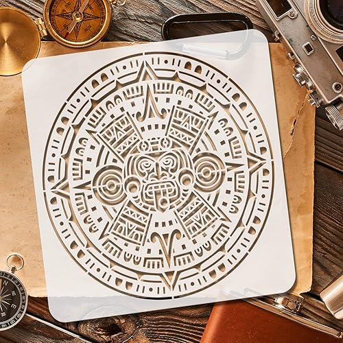 Miniatura 3 de FINGERINSPIRE Plantilla de calendario azteca de 11.8 x 11.8 pulgadas, emblema maya, plantilla de plástico con patrón azteca, plantilla maya