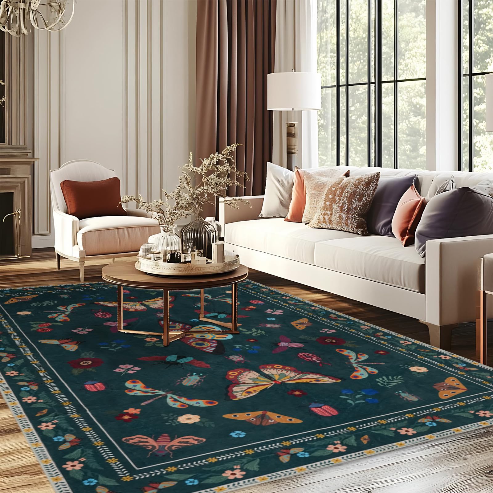 MOSISO Tapis 121 x 182 cm pour Salon, Doux Antidérapant, Vintage Papillons & Insectes Fausse Laine Faible Mèches, Lavable Rectangulaire, pour Salon/Chambre/Salle à Manger,Vert