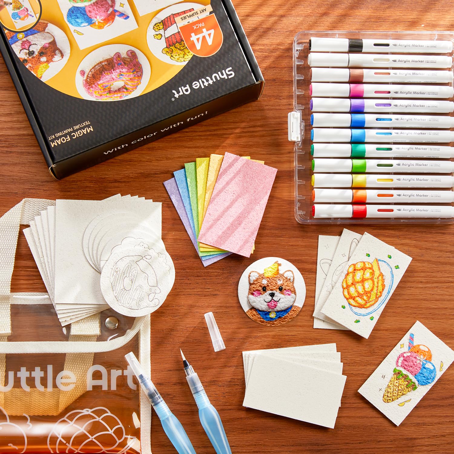 Shuttle Art 44PCS Kit de Peinture à Texture Magique avec 28 Feuilles de Papier de Peinture Texture Mousse, 12 Couleurs Feutre Acrylique Pinceau, Peinture Gonflante Eponge de Dessin 3D