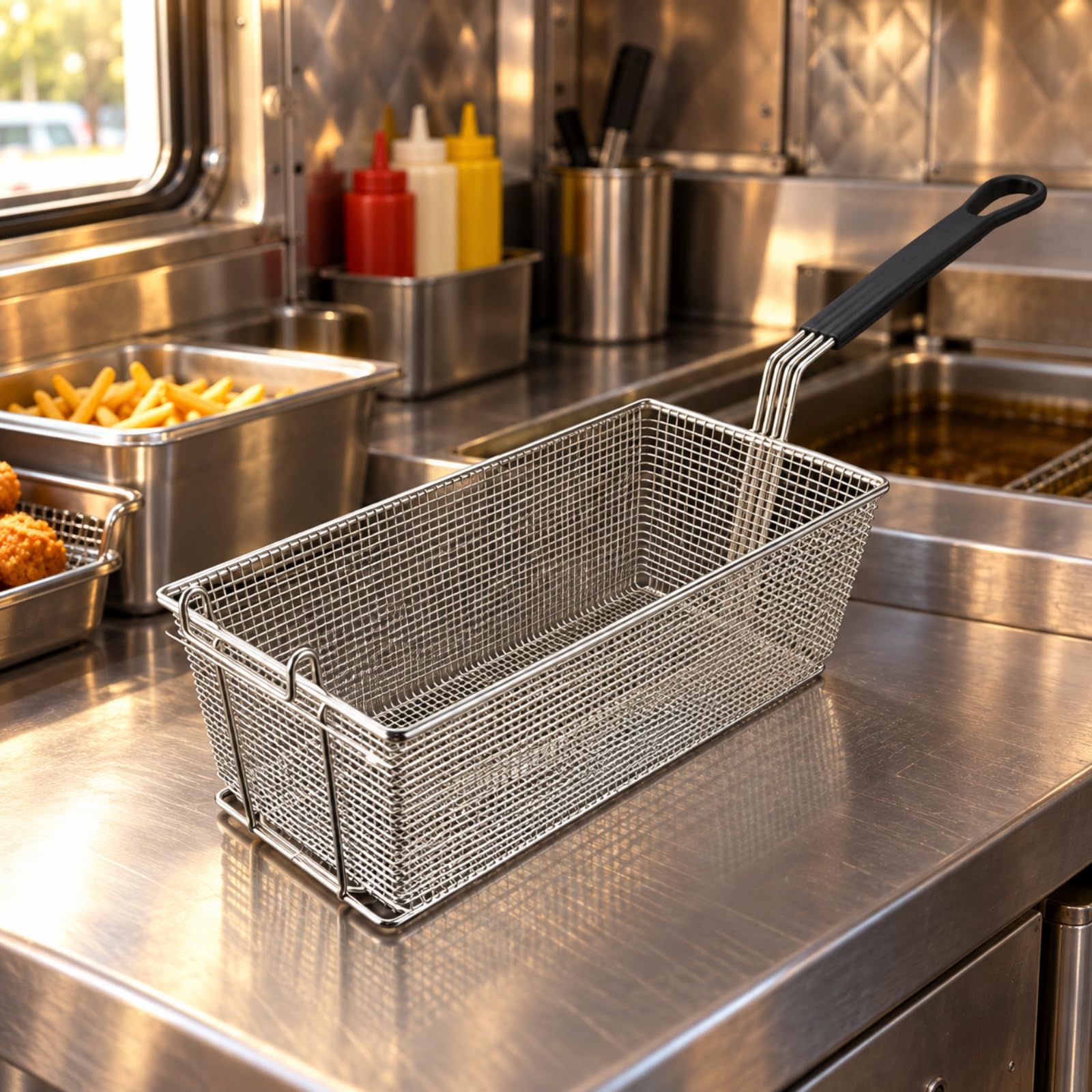 rockible Panier Friteuse Poignée Longue Panier à Frites En Acier Inoxydable Robuste Passoire à Friture En Acier Inoxydable pr Traiteurs, Poignée Bleue