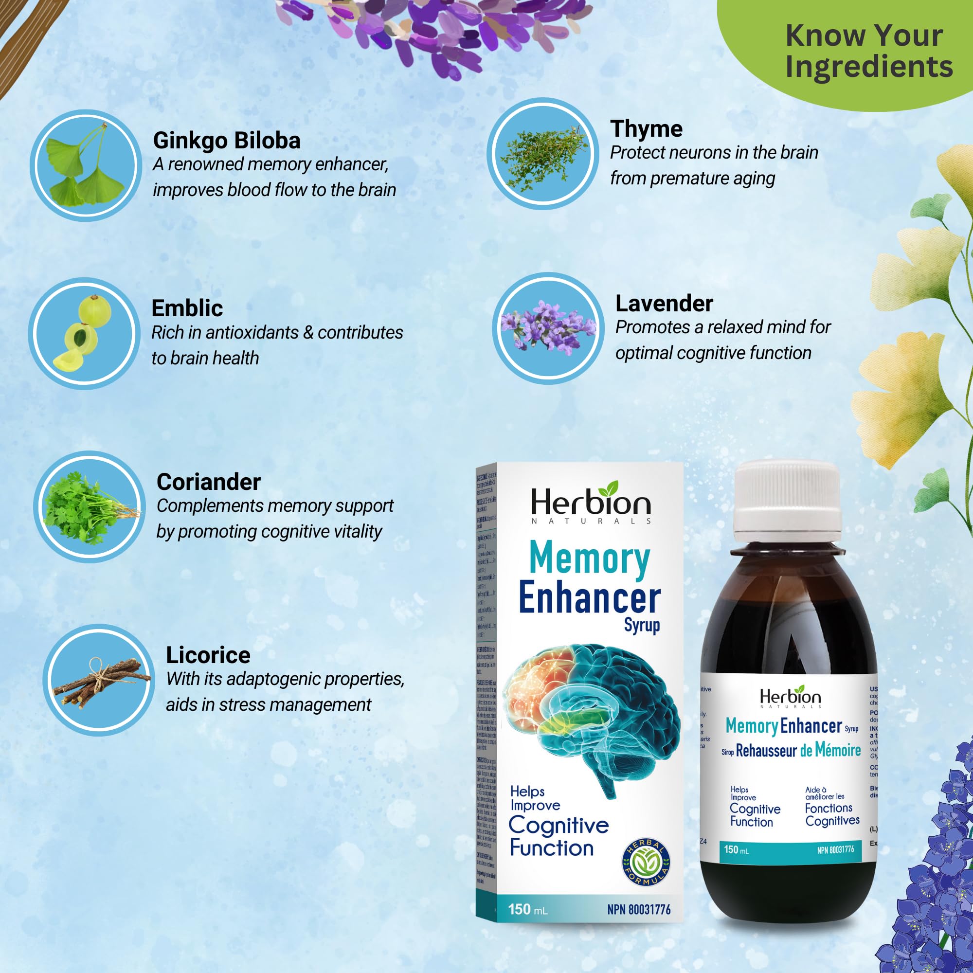 Herbion Naturals Amplificatore di memoria aiuta a migliorare le funzioni cognitive Sciroppo di liquirizia per adulti 150ml
