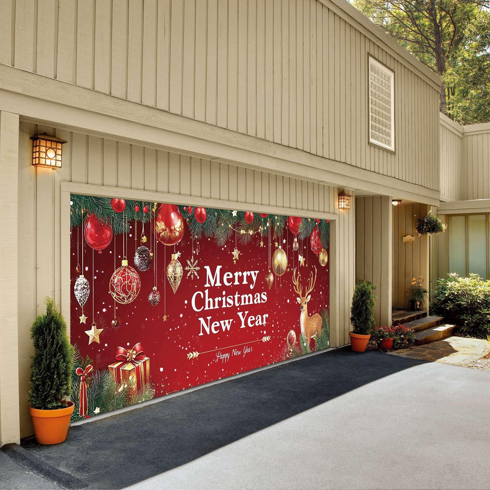 285 - Cartel de felicitaciones con texto en inglés «The Merry Christmas Christmas The Background Party Santa», fotografía de Papá Noel, fondo de puerta de garaje, decoración