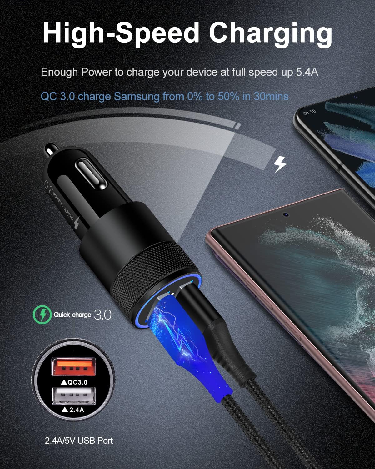 30w Car Charger, Quick Charge 3.0 Cigarette Lighter Adapter, 2 Port Fast Charging Car Block for iPhone 14 Pro Max 13, Samsung Galaxy S23 Ultra S22 A13, Google Pixel, USB Auto Cargador Carro for Travel