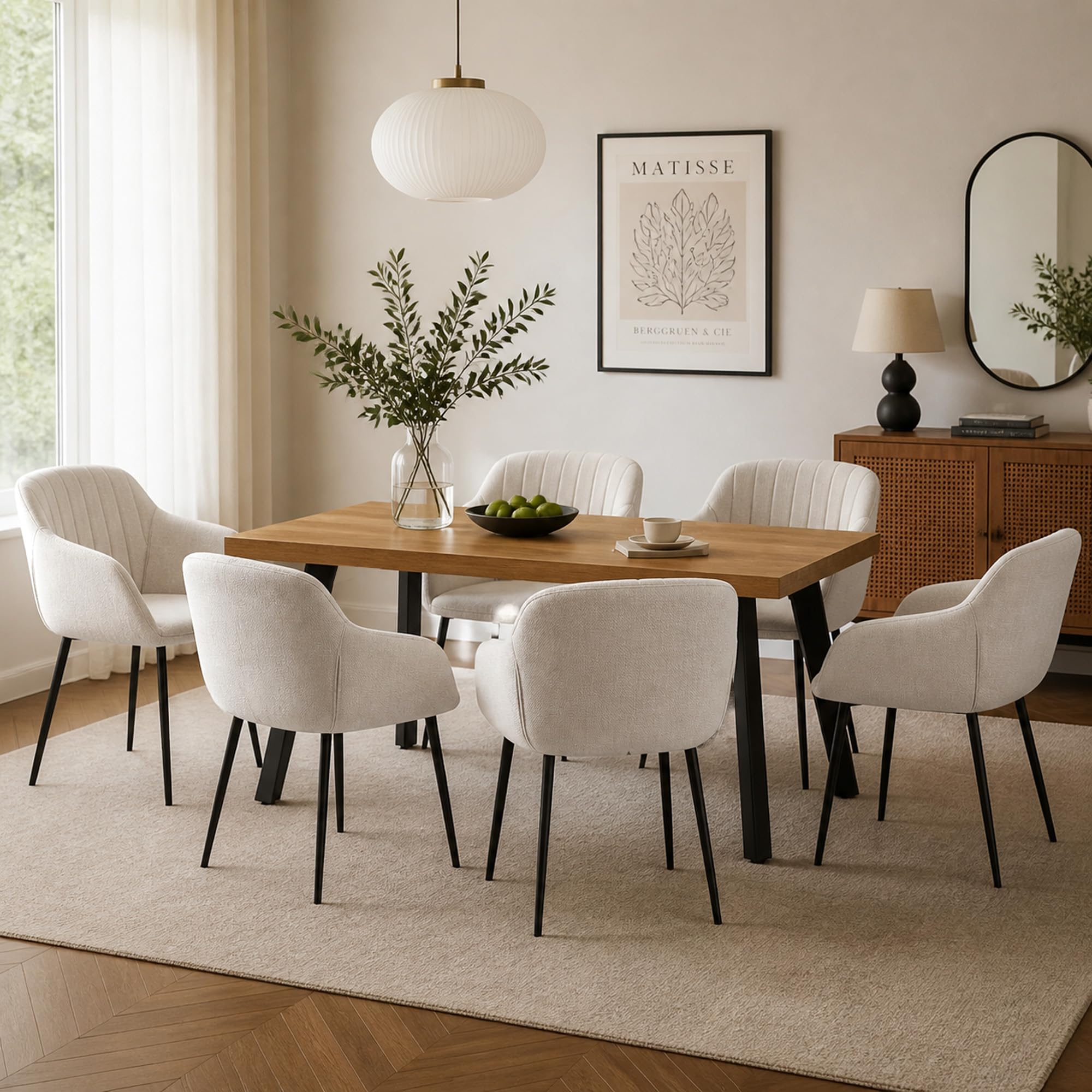 Essgruppe 7-Teilig, Esstisch 160x80cm mit 6 Stühlen, Moderner Küchentisch Set 6 Personen, Esszimmergruppe mit Beige Polsterstühlen in Leinen, Tischgruppe für Esszimmer und Wohnzimmer