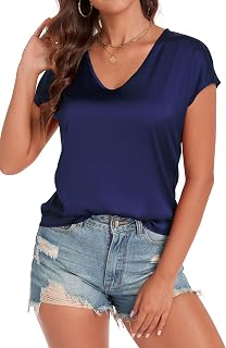 Womens Silk Satin Shirt Cap Short Sleeve Blouse Basic V-Neck Summer Business Casual Tops