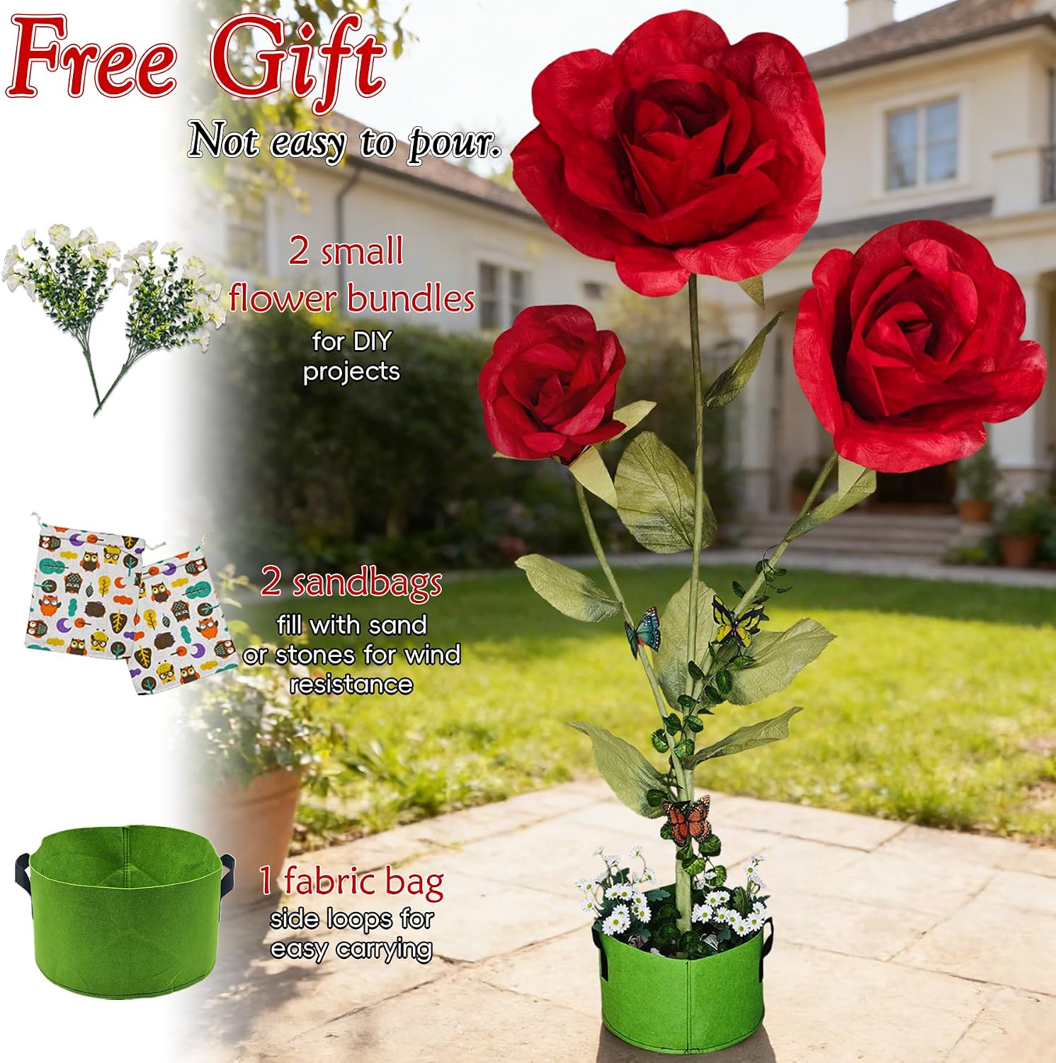 6.4FT Giant Flowers for Decoration, Big Artificial Flowers with Stand, Waterproof Large Handcrafted Paper Flowers for Wedding, Outdoor Garden, Shop Window Display, Home Decor(Red Rose)