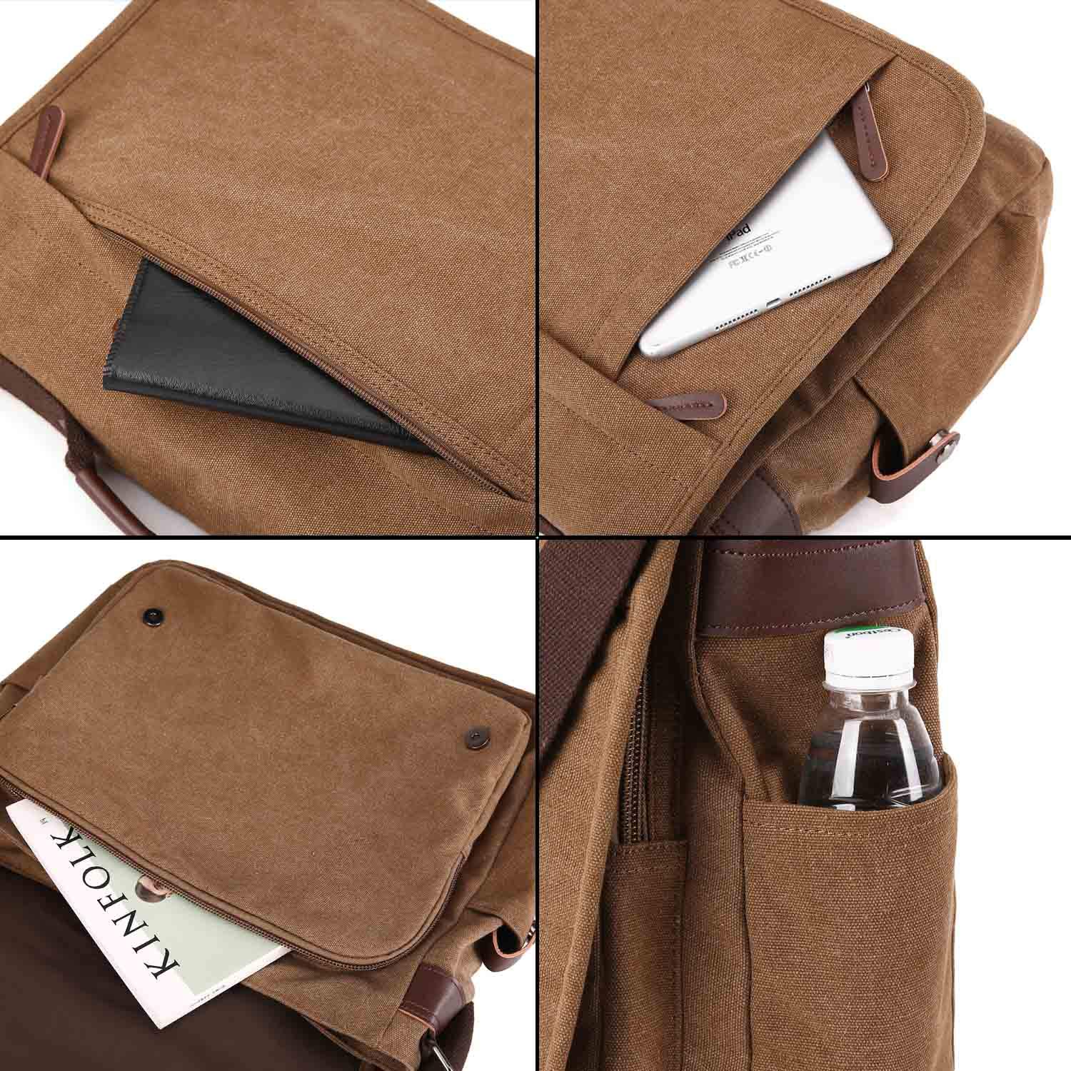 Neuleben Wasserdicht Laptoptasche für 17'' Laptop Vintage Schultertasche Umhängetasche Canvas Leder Herren Handtasche mit Handgriff verstellbarer Schultergurt