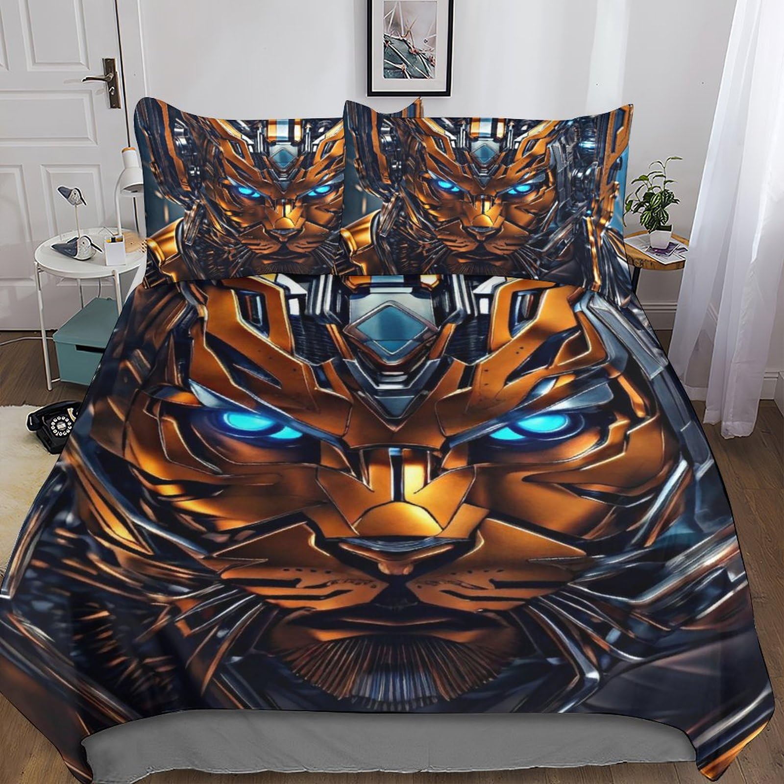 Housse de couette léopard robot 3D 200x200 cm avec taies pour lit double