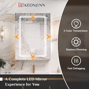 Keonjinn 30 x 32 Inch Lighted Medicine Cabinet with Lights, Tempered Glass