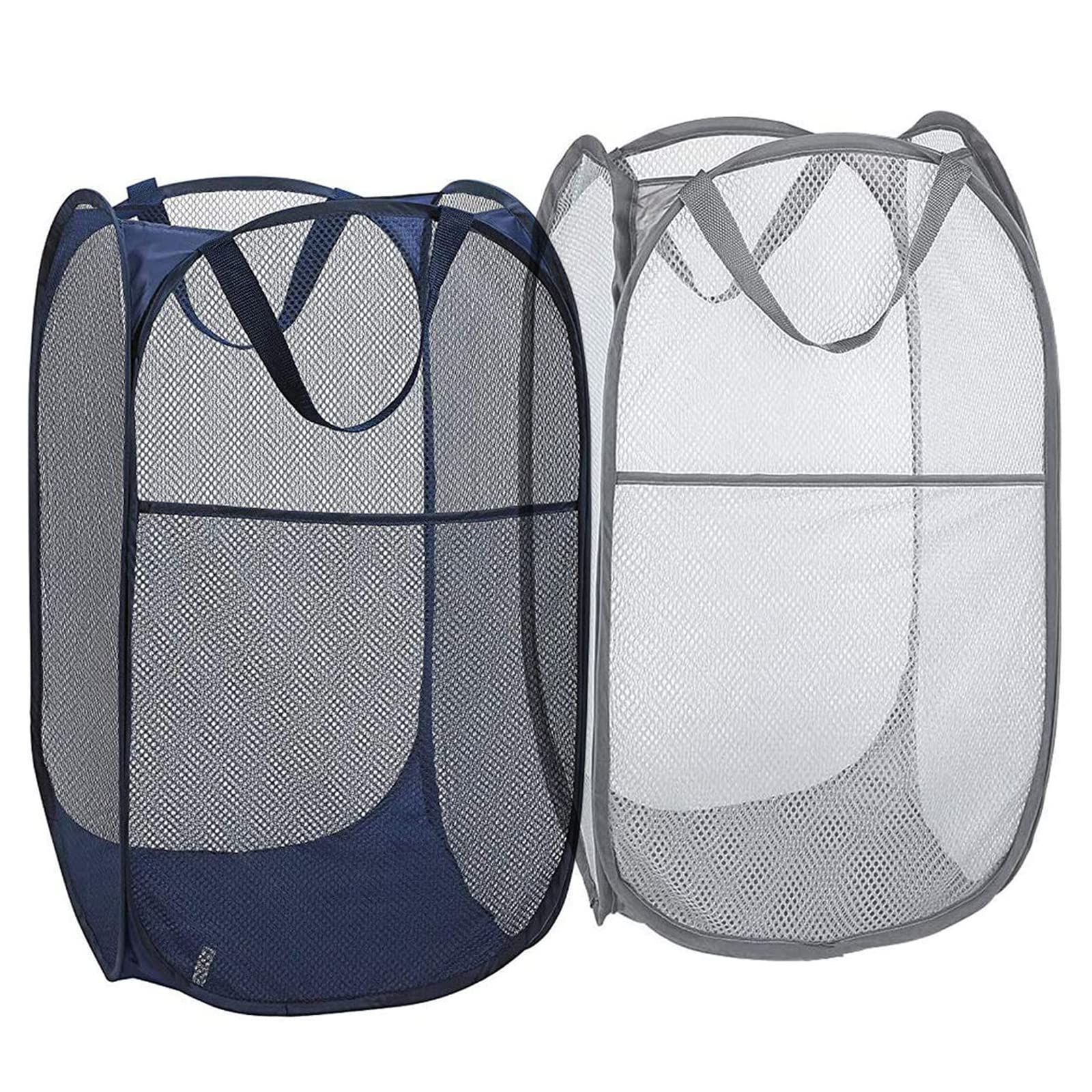 2 Pack Mesh Laundry Hampers, Pop Up Laundry Baskets, Collapsible Clothes Storage Bins for Bedroom, Dormitory, Apartment, Grey+ Navy Blue