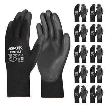 Skytec Pack of 10 or 120 Black Safety Work Gloves, Outdoors PU and Nylon Non-Slip Work Handling Gloves, Good Dexterity Firm Grip Protective Working Gloves Pack Of 10 Pairs, Large