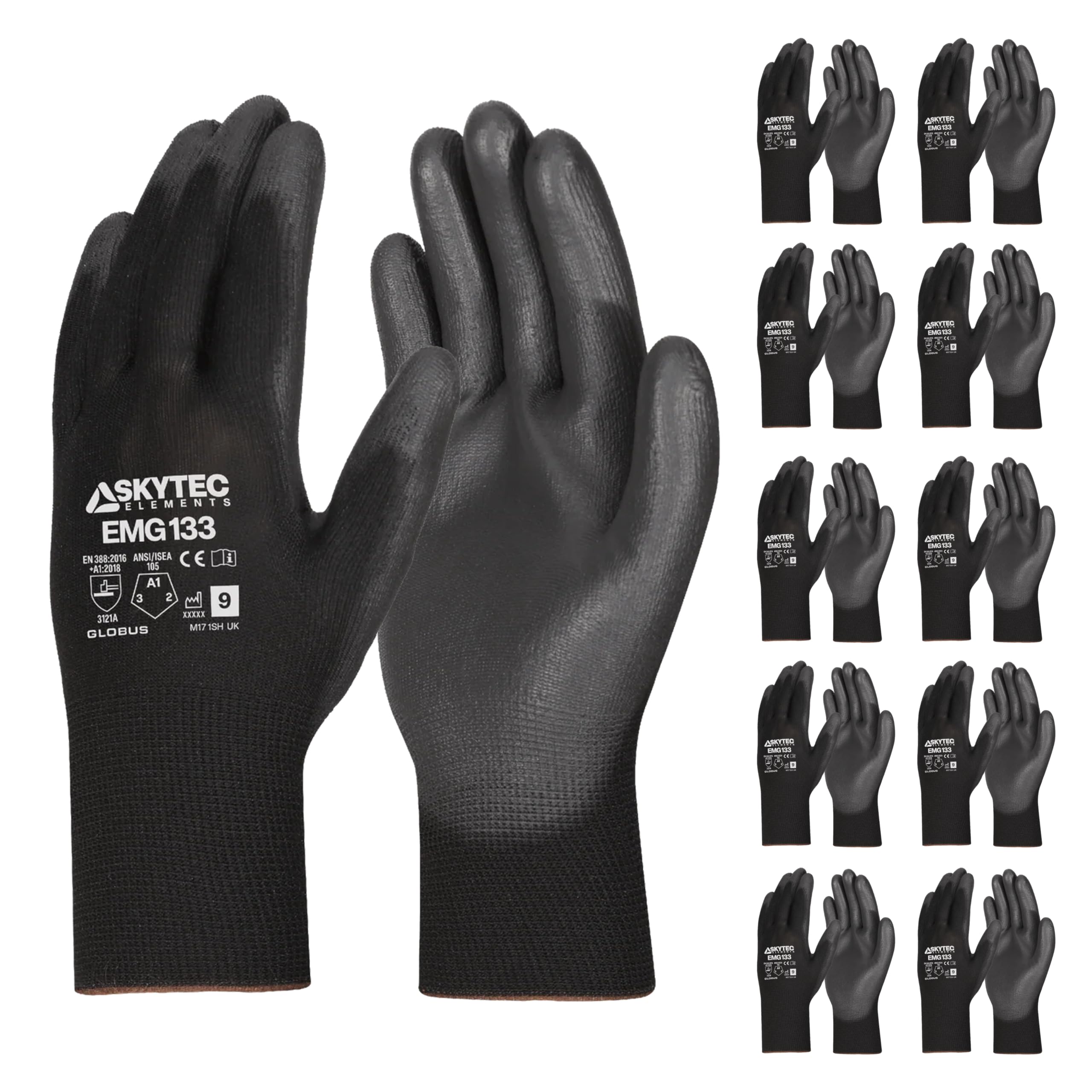 Skytec Pack of 10 or 120 Black Safety Work Gloves, Outdoors PU and Nylon Non-Slip Work Handling Gloves, Good Dexterity Firm Grip Protective Working Gloves (Pack of 120 Pairs, Small)