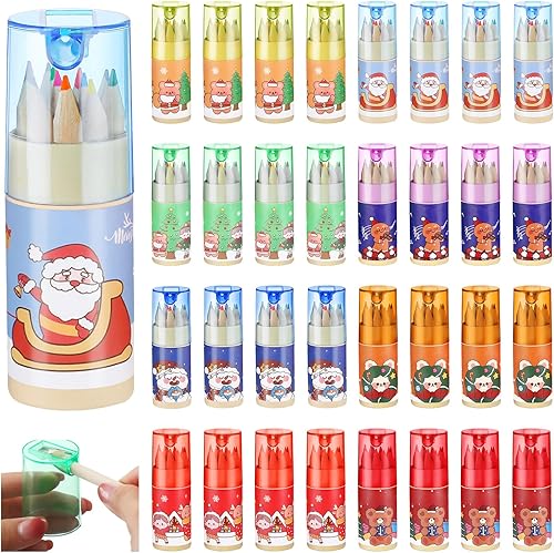 Fumete Paquete de 32 mini lápices de colores de Navidad a granel con sacapuntas en tubo de dibujo, lápices de colores para niños, lápices de