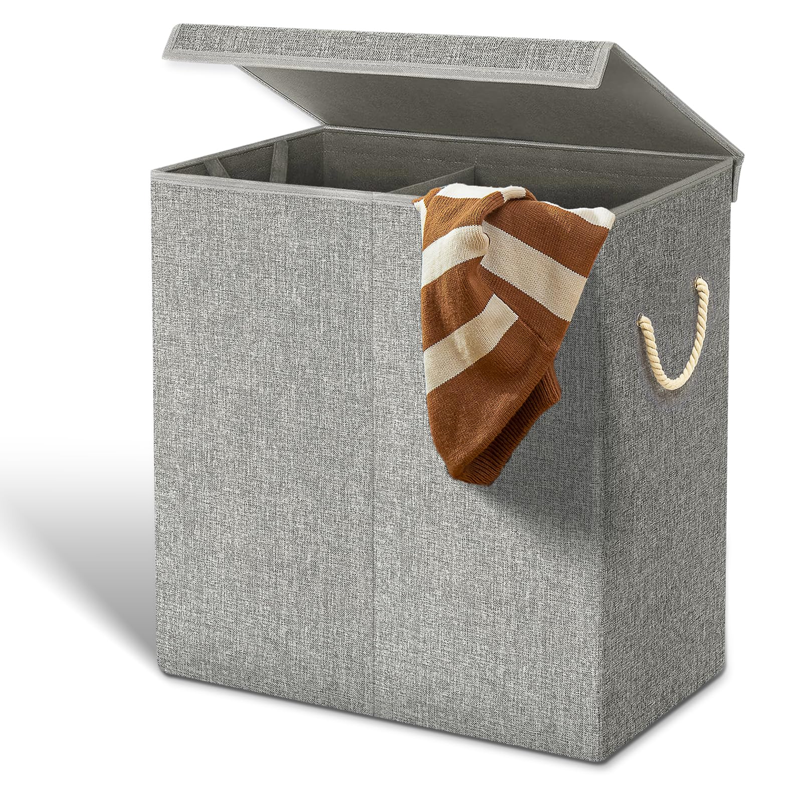 FB FunkyBuys 142 L Double Laundry Basket with Lid, Laundry Hamper Basket with Handles for Dirty Clothes, Laundry Bin Storage for Bedroom, Bathroom Storage (2 Compartment, Grey)