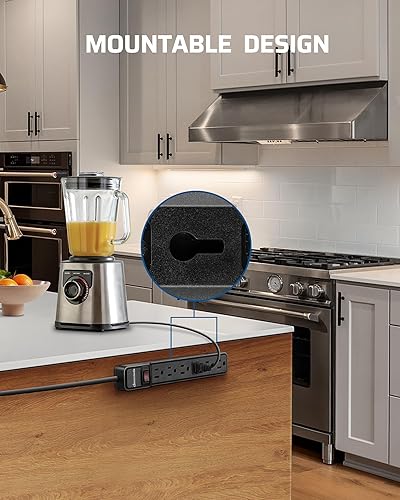 Miniatura 6 de DEWENWILS Multicontacto de 6 tomas con protector contra sobretensiones, cable de extensión de 15 pies, enchufe plano de bajo perfil, cortacircuito