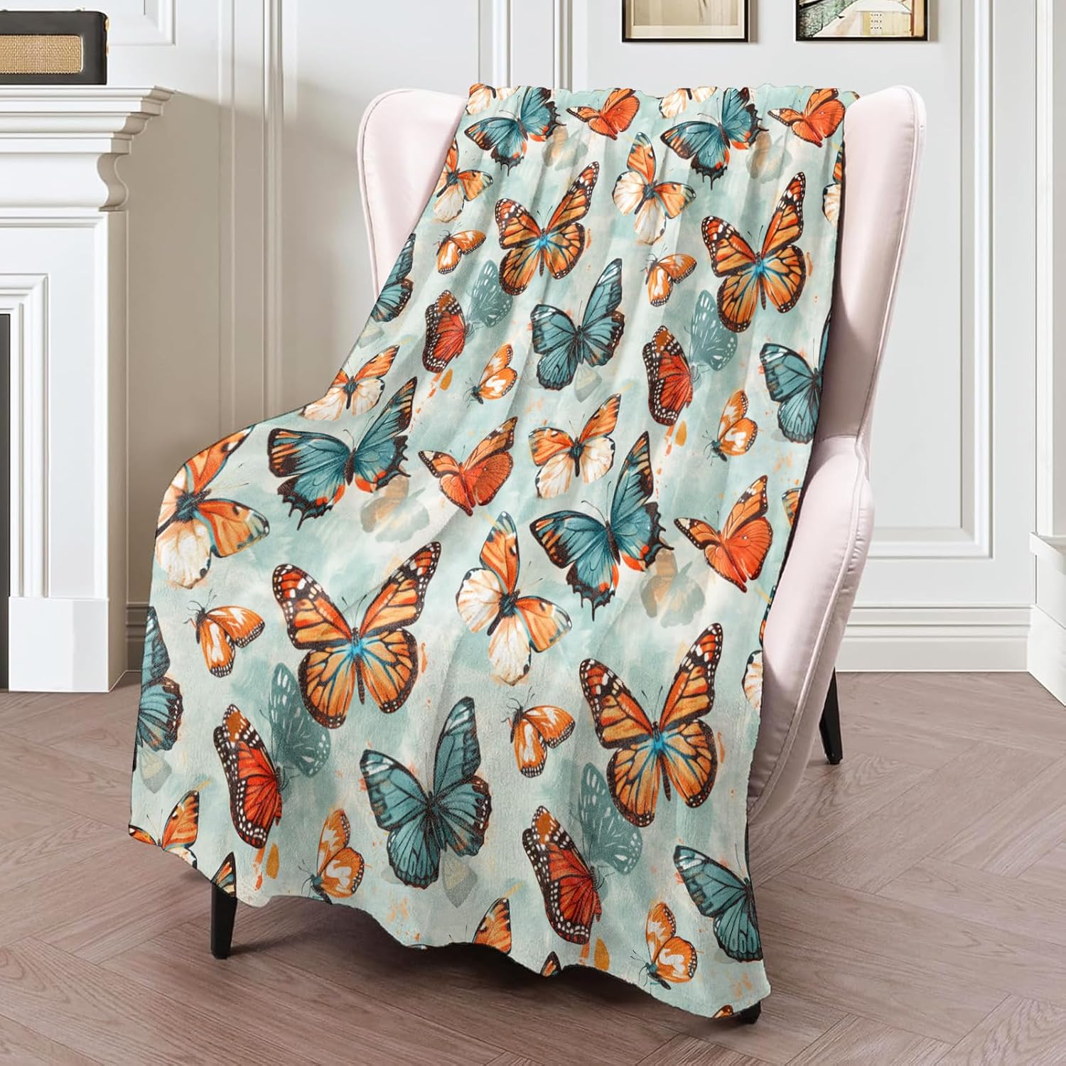 Butterfly Flannel Blanket 50x60in,Soft Lightweight Cozy Throw with Orange Blue Butterflies,Ideal for Women,Girls,Nature Lovers,Bedroom,Couch,Travel Use Decor Gifts Blankets