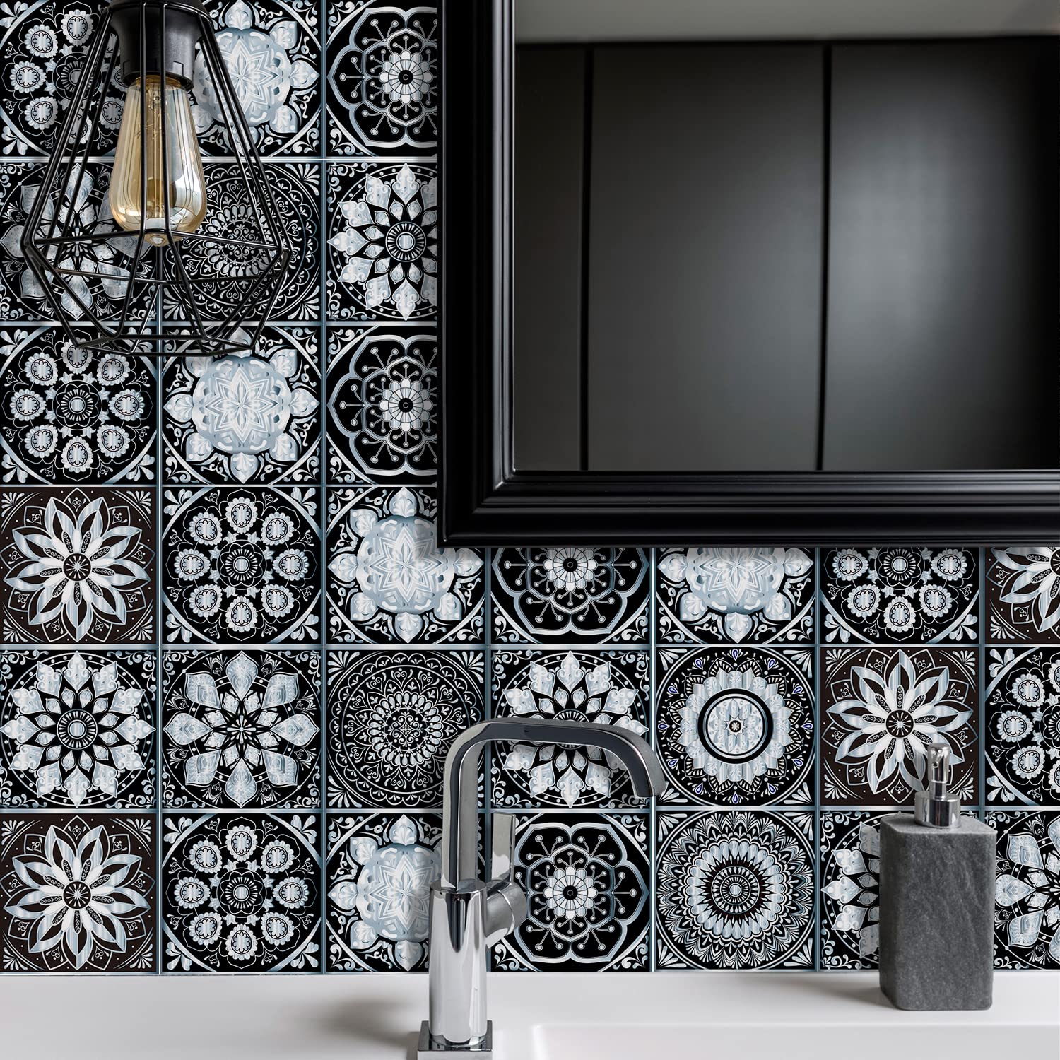 20Pcs Wall Tile Transfers Sticker for Home Decor, Peel & Stick self-Adhesive splashback, Tile Decals for Living Room Kitchen Bathroom Decor, 20cmX20cm/8inchX8inch, Black and White