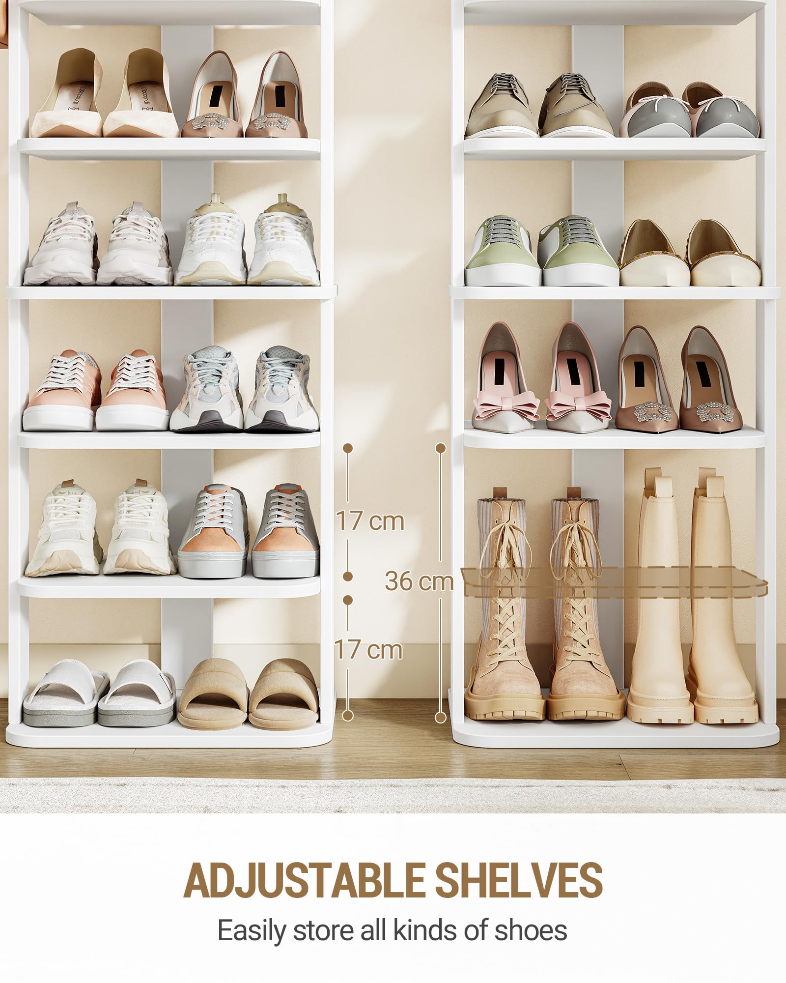 Hzuaneri Schuhregal, 12 Ebenen, Platzsparend, mit Haken, 40B cm, Weiß | Holz-Schuh-Organizer, VerstellbarGeeignet für Eingang, Flur, Wohnzimmer, SR22203X