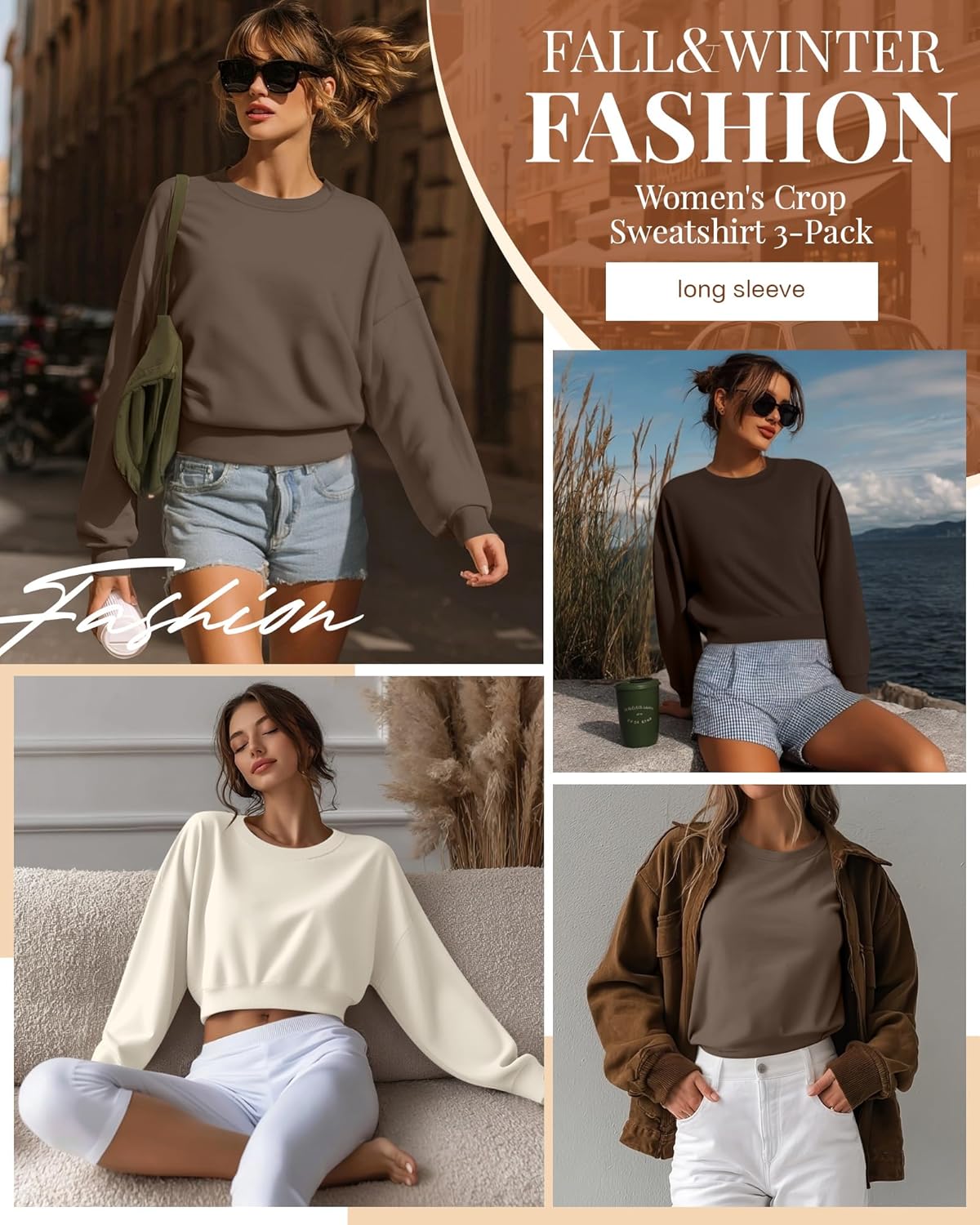 Ficerd 3 Pack Women's Cropped Sweatshirts Long Sleeve Cotton Crew Neck Pullover Tops Casual Solid Sweat Shirts - Image 3