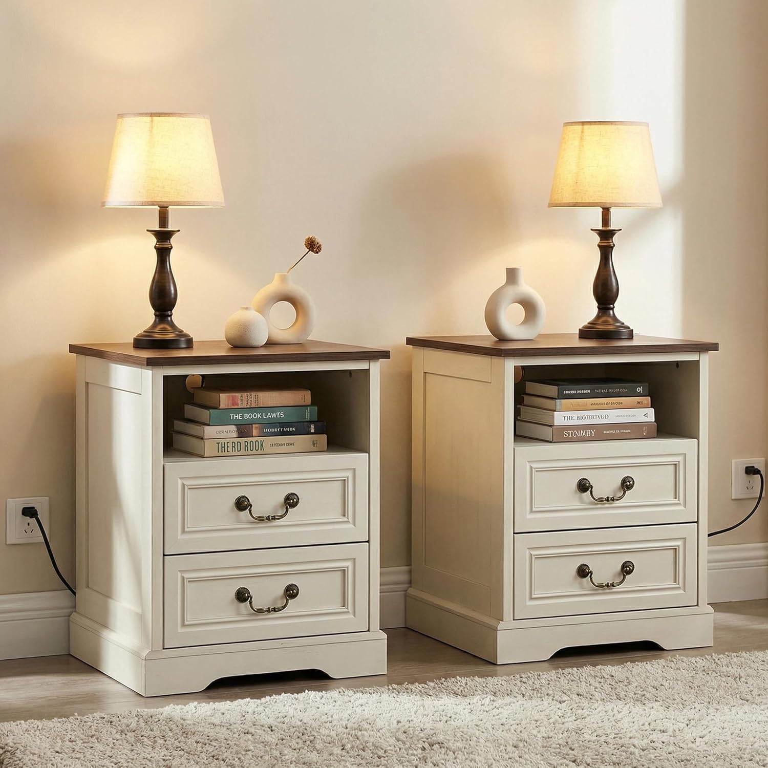 Farmhouse Nightstands Set of 2 with Charging Station, Vintage Bedside Table Set of 2 with Drawer & Open Shelf &Outlet & USB, Rustic End Tables for Bedroom, Antique White with Brown