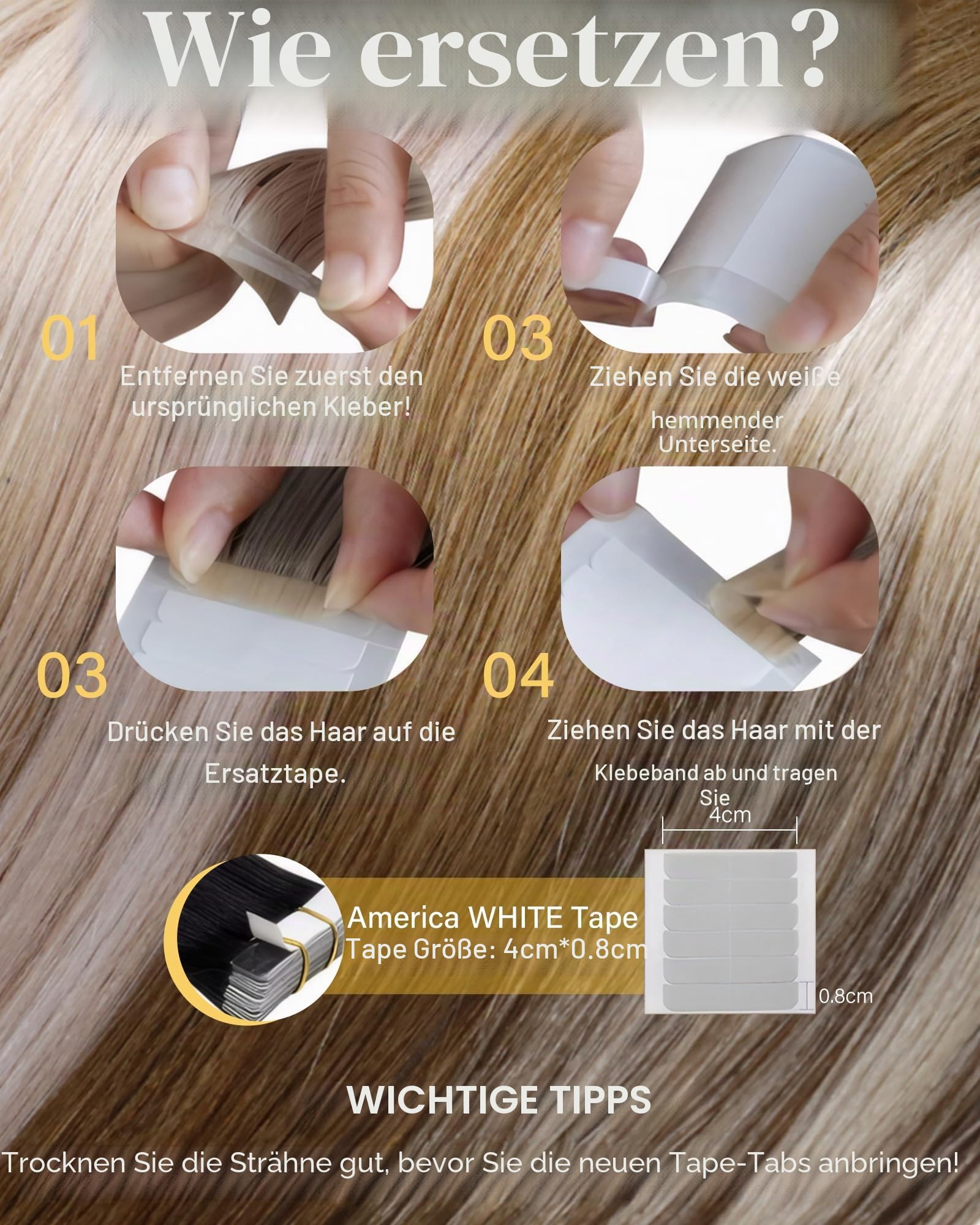 Hetto Tape Extensions Echthaar, Mittelblond mit Hellblonden Highlights, 60cm