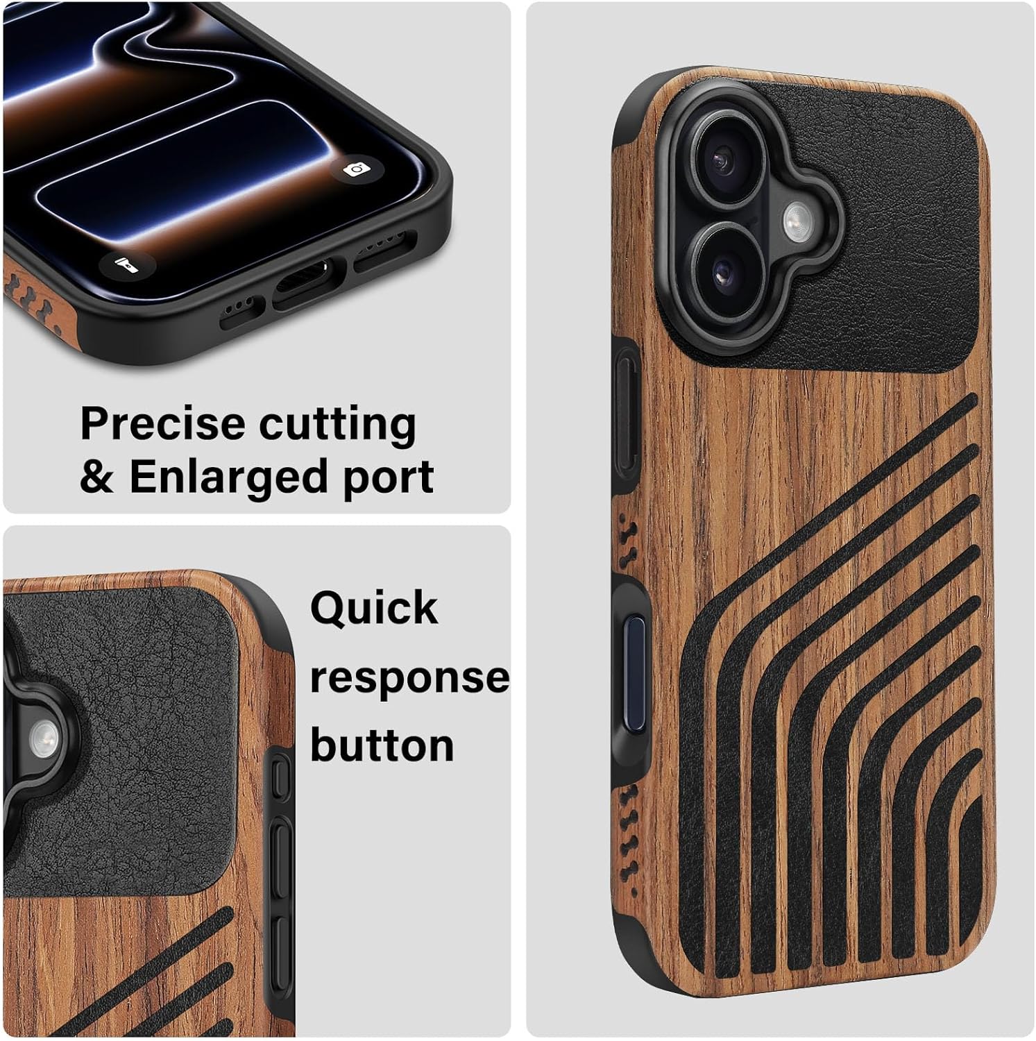 Rugged Case Compatible with iPhone 17 Case, (Natural Wood & Leather & Carbon Fiber Hybrid) Slim Phone Cover, Chord - Image 4