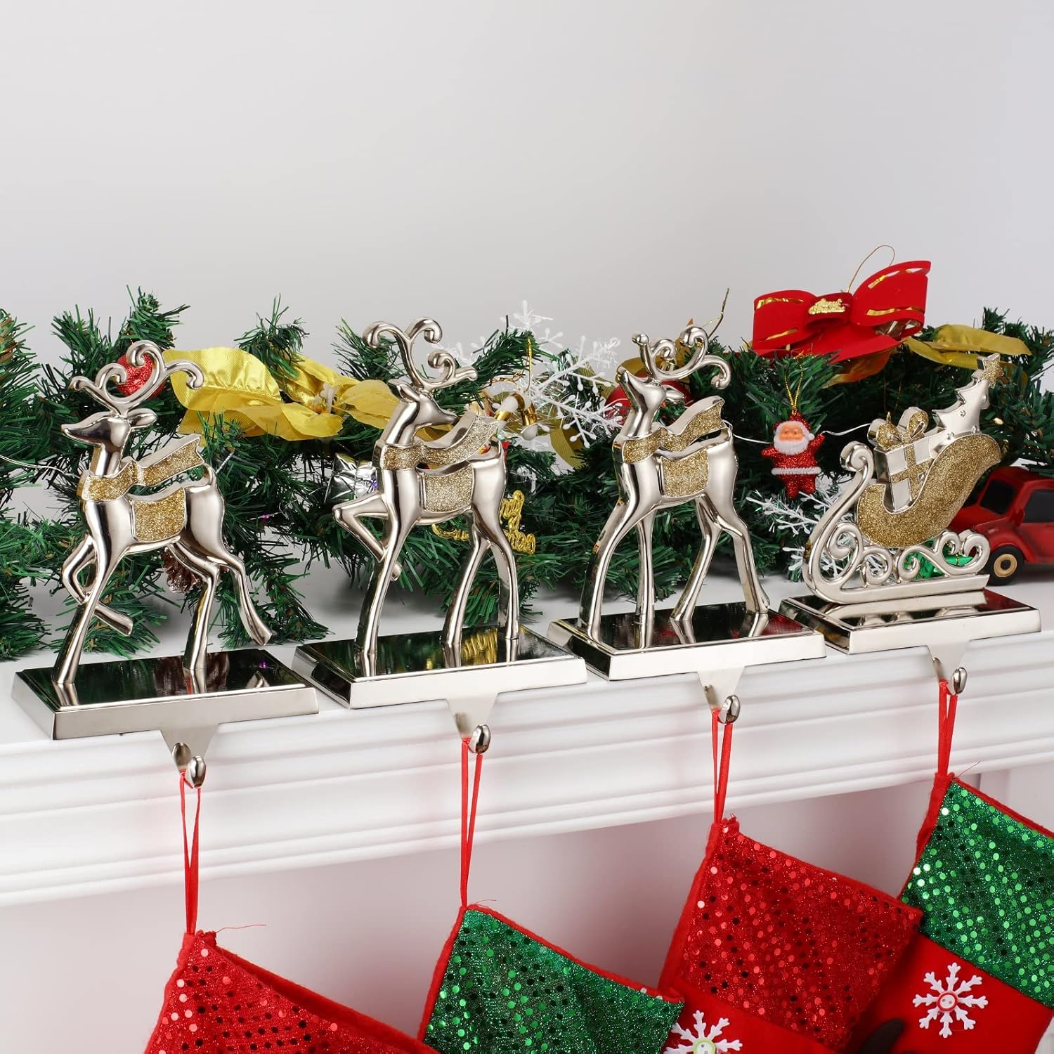 Set of 4 Deer Christmas Stocking Hangers for Mantel Xmas Stocking Hooks for Fireplace Mantle,Metal Free Standing Indoor Sleigh Stocking Holder for Christmas Decorations (Reindeer and Sleigh Set)