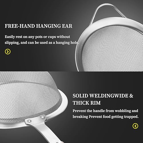 Miniatura 6 de KULUNER Colador de acero inoxidable duradero con mango de madera maciza, 3 piezas (pequeño, mediano, grande) en un paquete, ideal para colar cocina,