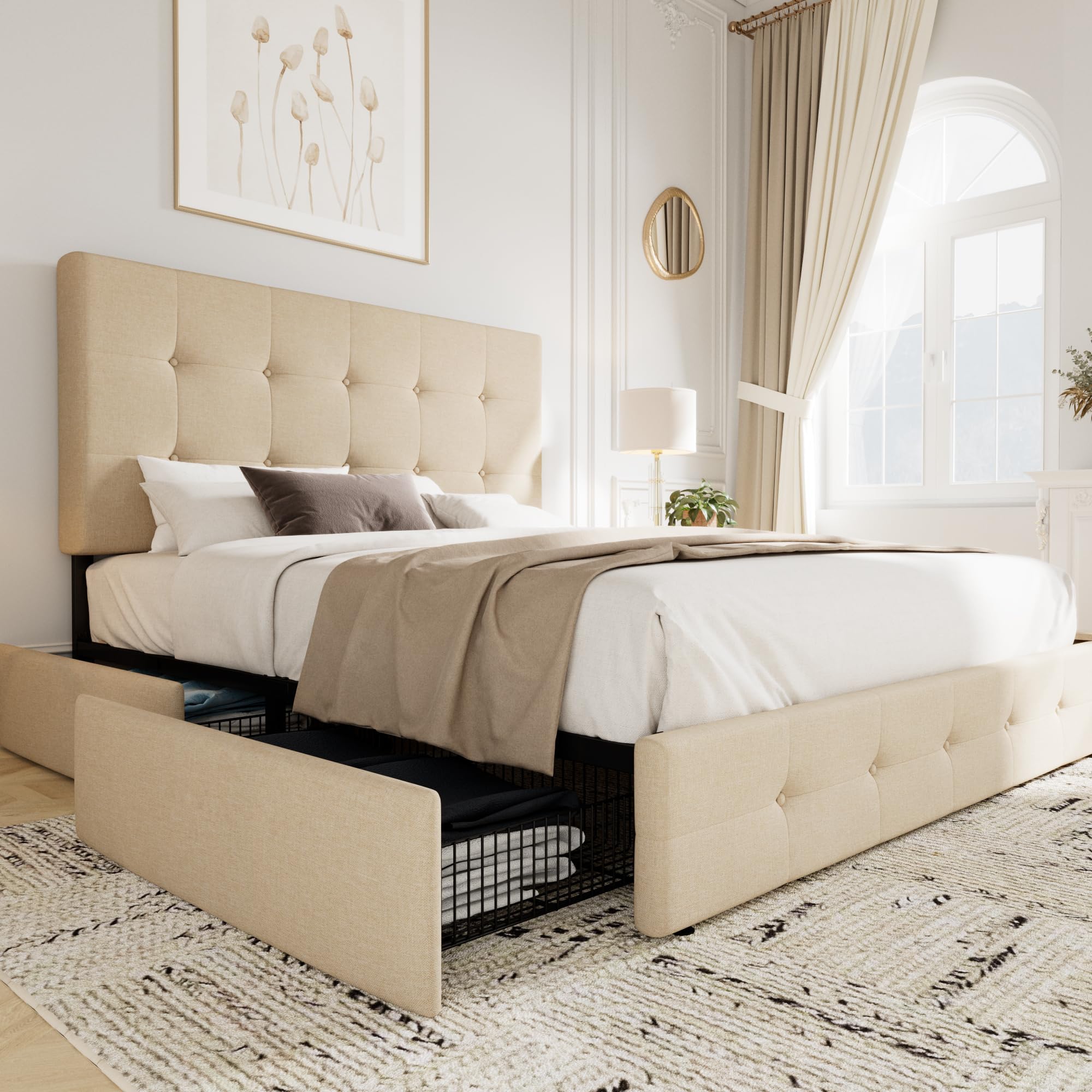Upholstered Full Size Platform Bed Frame with 4 Storage Drawers and Headboard, Square Stitched Button Tufted, Mattress Foundation with Wooden Slats Support, No Box Spring Needed, Beige