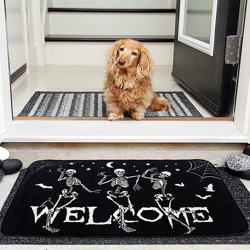 Miniatura 4 de AnyDesign Tapete de Halloween con esqueletos bailarines, ligero, antideslizante, tapete de entrada de bienvenida espeluznante de Halloween, tapete