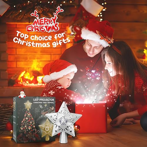 Miniatura 5 de Decoración para árbol de Navidad, estrella de Navidad, luces LED giratorias integradas, decoración de árbol de estrella plateada 3D con purpurina