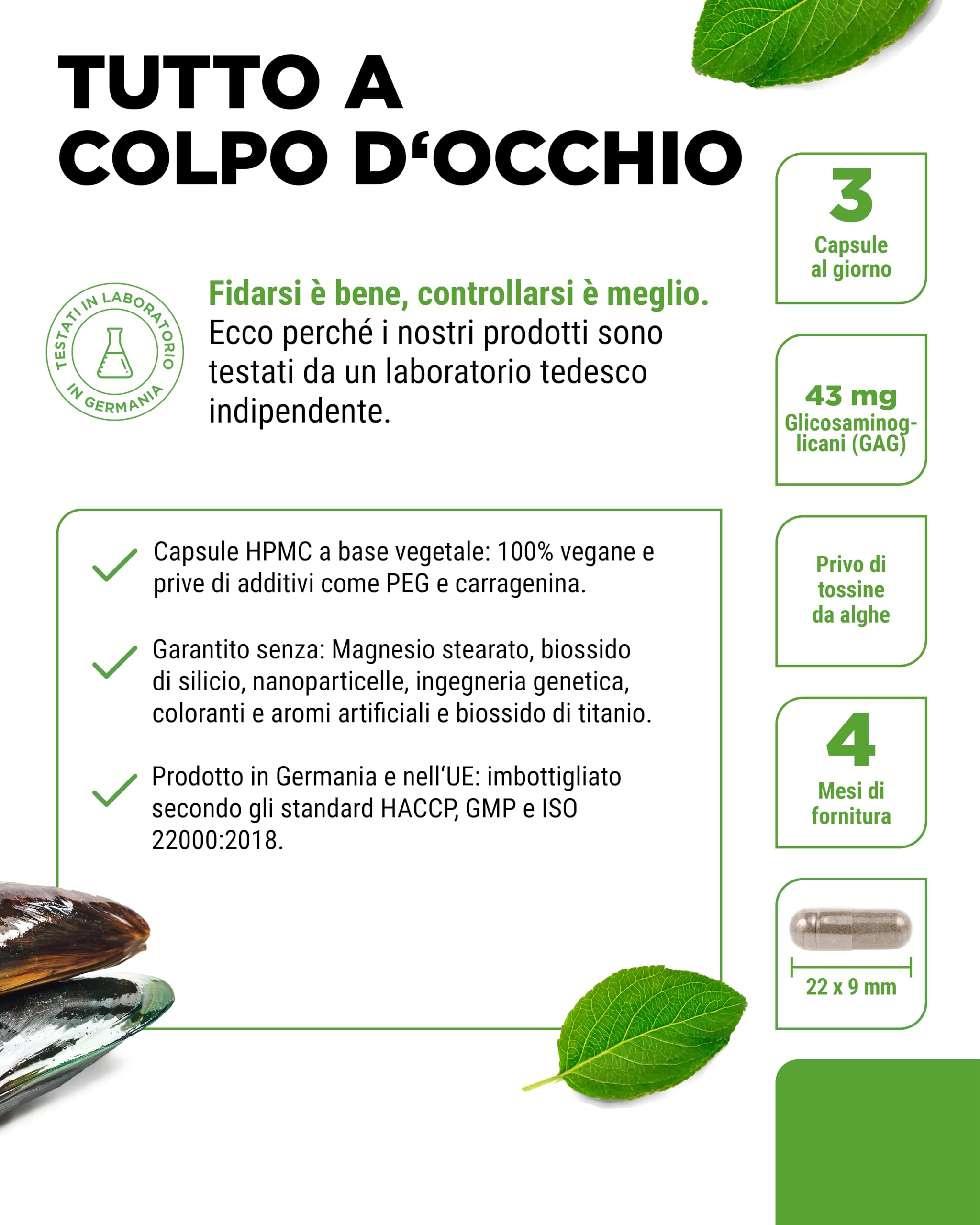 Cozza dalle labbra verdi - 365 capsule da 600 mg ciascuna - Con glicosaminoglicani - Estratto ad alto dosaggio - 100% polvere di cozza dalle labbra verdi della Nuova Zelanda senza additivi