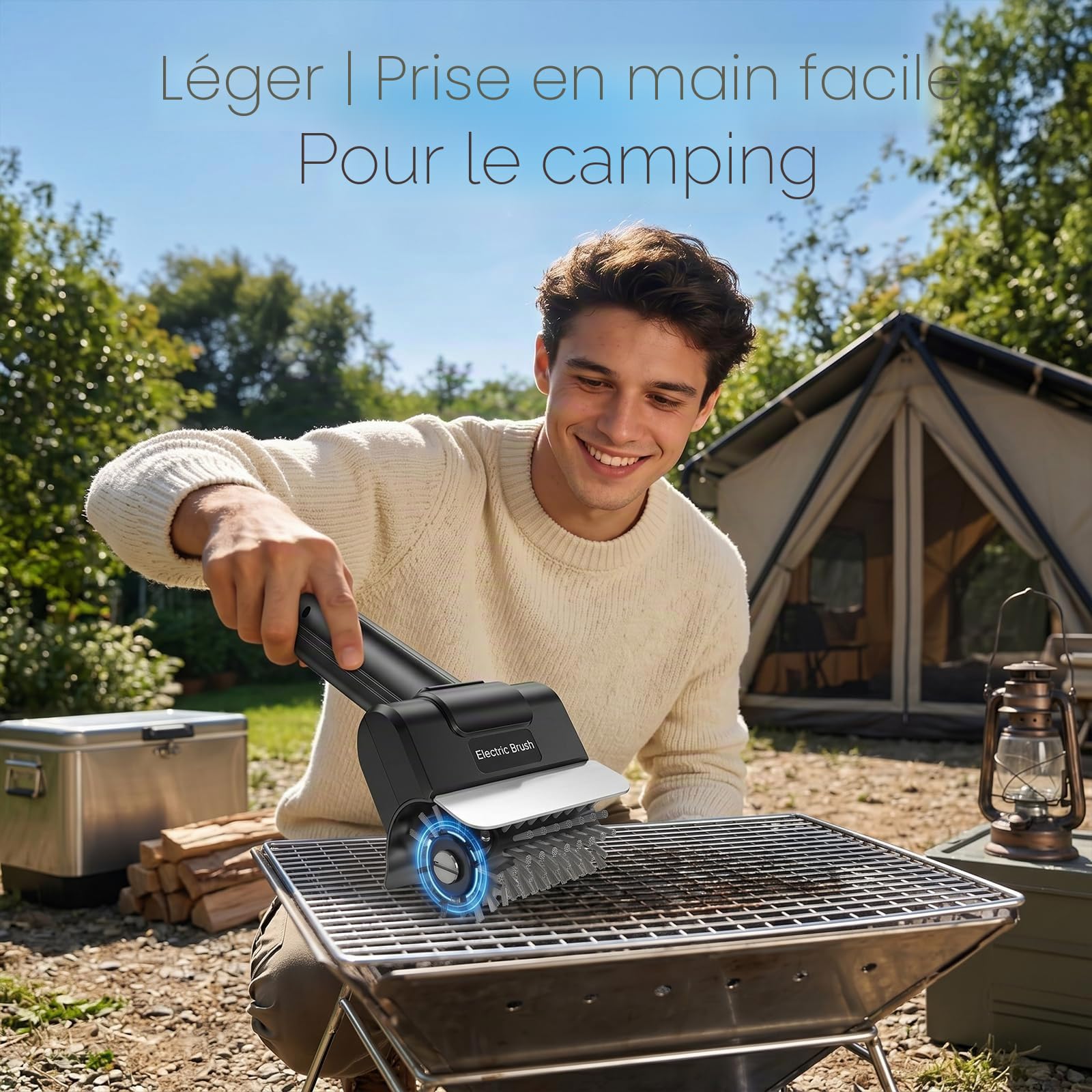 Brosse de gril électrique alimentée par batterie avec tête de brosse en acier inoxydable, brosse de gril en acier inoxydable, brosse de gril étanche pour grille en fonte, fumoir, plaque de gril (noir)
