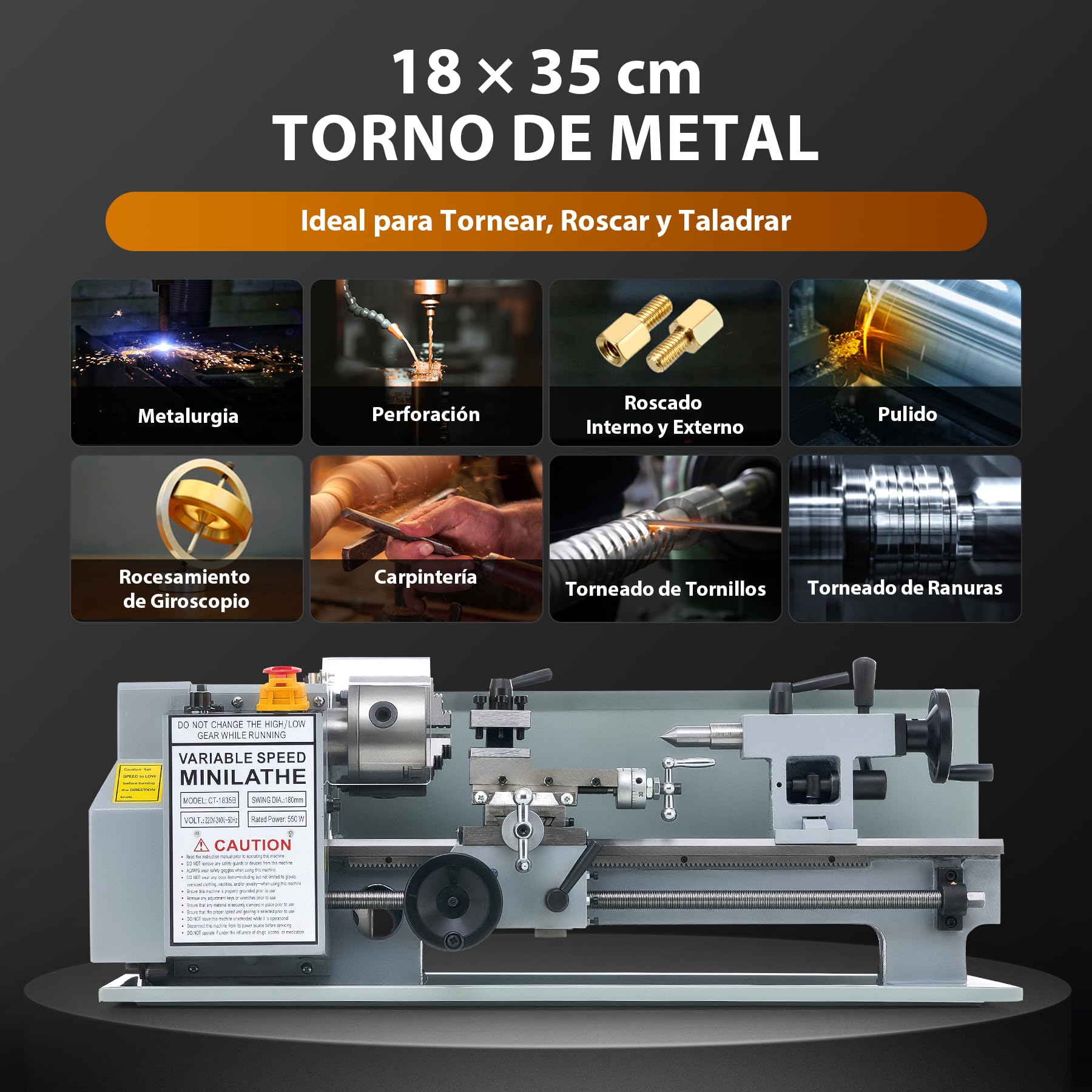 CREWORKS 550W Mini Torno de Metal, 180x350mm Torno para Metal de Sobremesa con Máx. Velocidad 2250RPM, Torno de Metal para Torneado de Metales para Roscar, Tornear