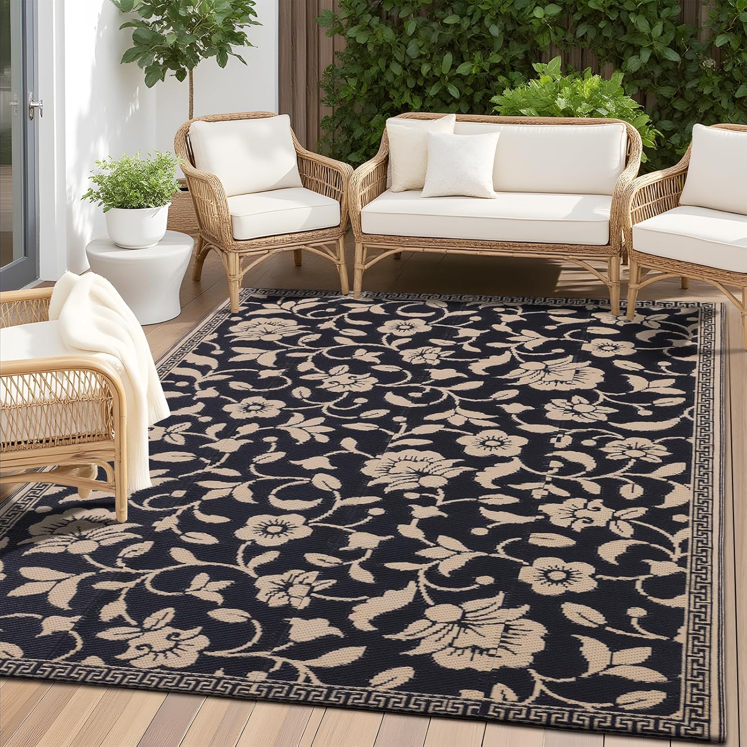 OLANLY Waterproof Outdoor Rug 9x12 ft, Outdoor Plastic Straw Rug with Flower Pattern, Reversible RV Mat for Patio, Camping, Balcony, Deck, Backyard, Black & Beige