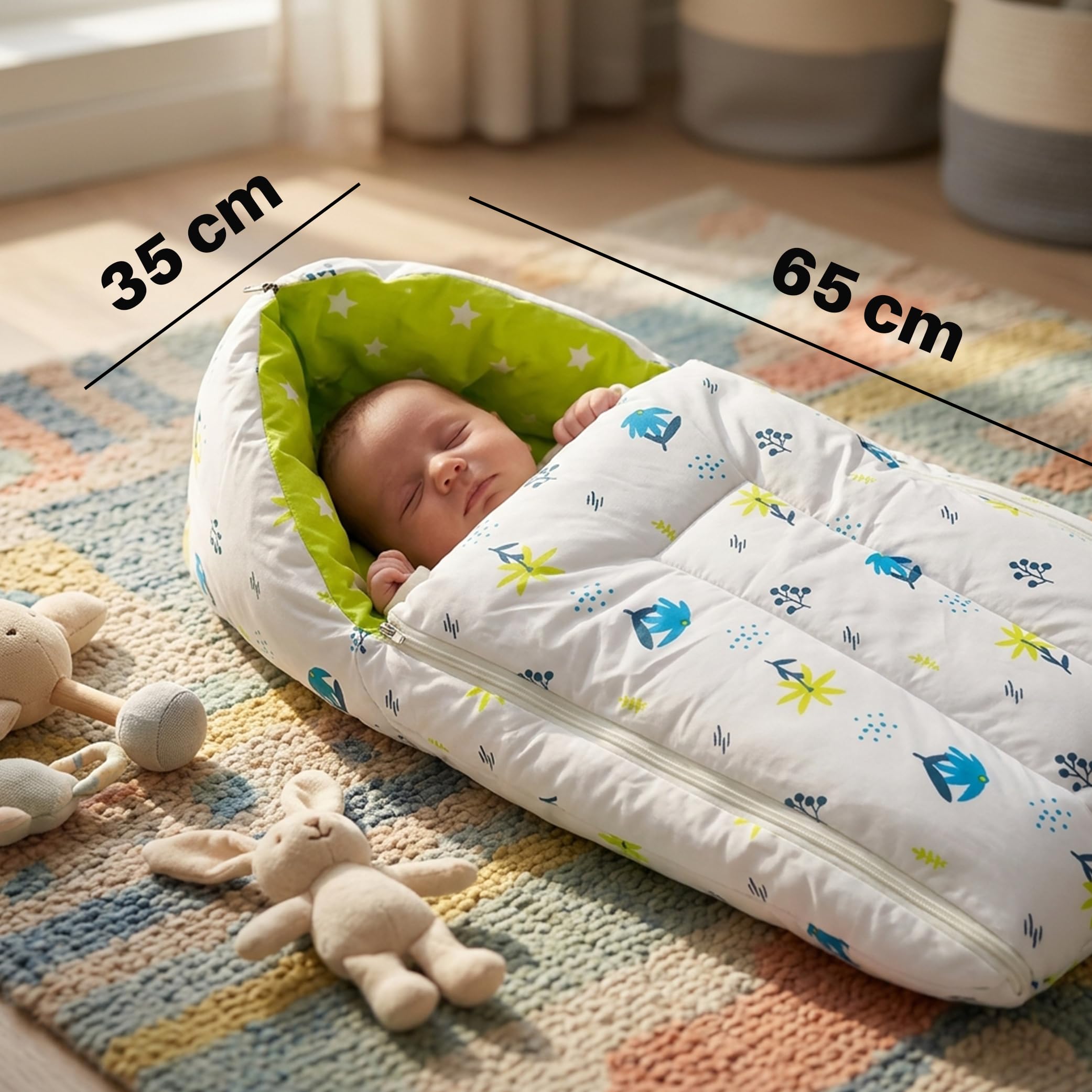 Kridlo 3-in-1 Baby Sleeping Bag & Carry Nest Combo - Blue Daisy, Unisex + 100% Cotton Swaddle Wrap, Teal Dancing Deer 0-3 Months - Breathable & Skin-Friendly Newborn Bedding Set 4