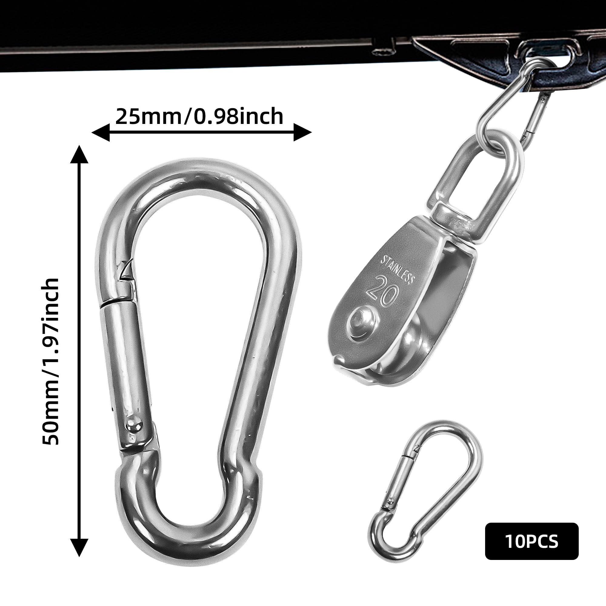 10 pulegge singole M20 in acciaio inossidabile 304 M20 pulegge per corda, piccola puleggia singola con 10 ganci a molla, ruota di traino per funi metalliche