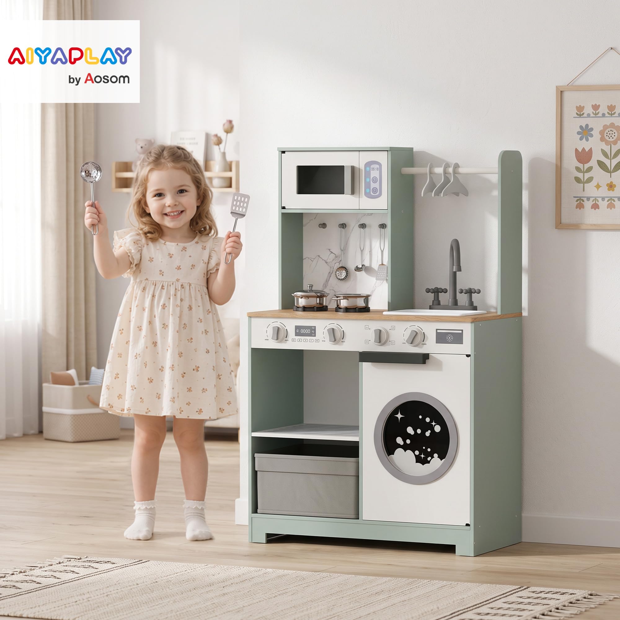 AIYAPLAY Cocina de Juguete de Madera Cocinita Infantil 3-6 Años Verde