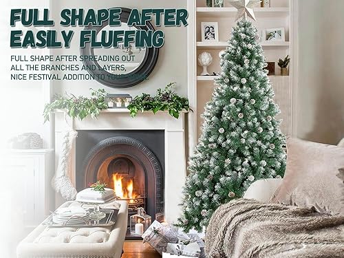 Miniatura 2 de Árbol de Navidad flocado de 7.5 pies con decoraciones (1400 puntas de ramas de PVC y 76 conos de pino), bisagras y base de metal, árbol de Navidad