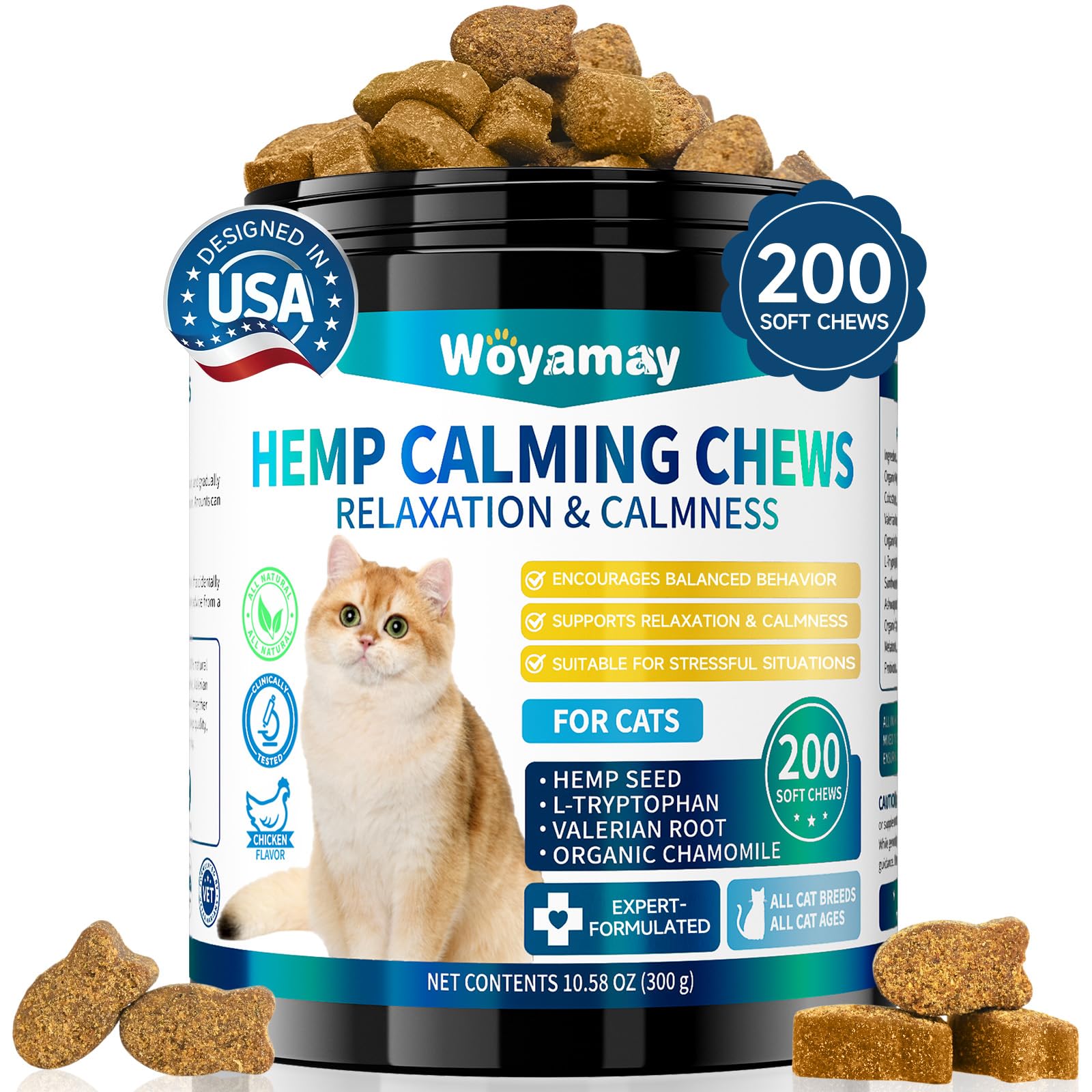 Hemp Cat Calming Treats, 200 Treats Calming Chews for Cats for Anxiety & Stress Relief, Calming Treats for Cats with Hemp Oil, Melatonin Cat Calming Chews for Stress | Sleep | Separation
