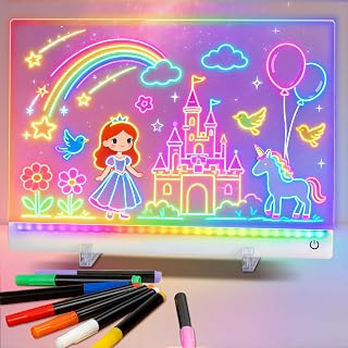 Rechargeable Led Drawing Board for Kids, 11.8*7.9" Dry Erase Board, 4 Modes &7 Colors Glow Doodle Note Board, Include Hanging Chain, 2 Stands, 8 Markers, Spray Bottle, Cleaning Cloth, Kid Girls Gifts - Amazon product rated Grade A
