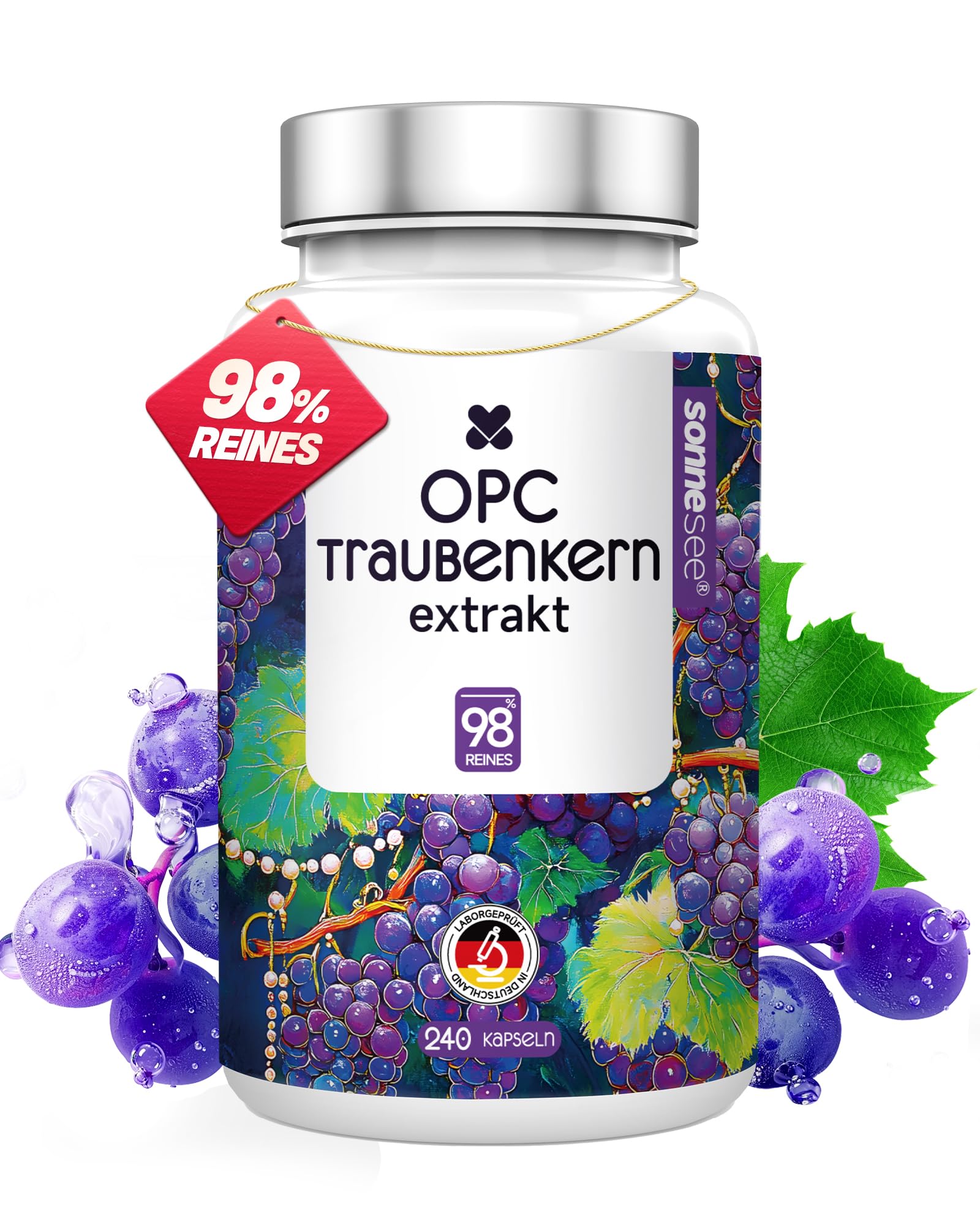 OPC Traubenkernextrakt hochdosiert – 240 Kapseln für 8 Monate – 385 mg OPC pro Kapsel – aus europäischen Traubenkernen – vegane & laborgeprüft in Deutschland