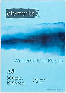 Elements A3 Watercolour Book Glue Bound Artist Watercolour Paper Pads, Cold Pressed (300gsm/140lb), Acid-Free, 12 Sheets for Water Painting - A3