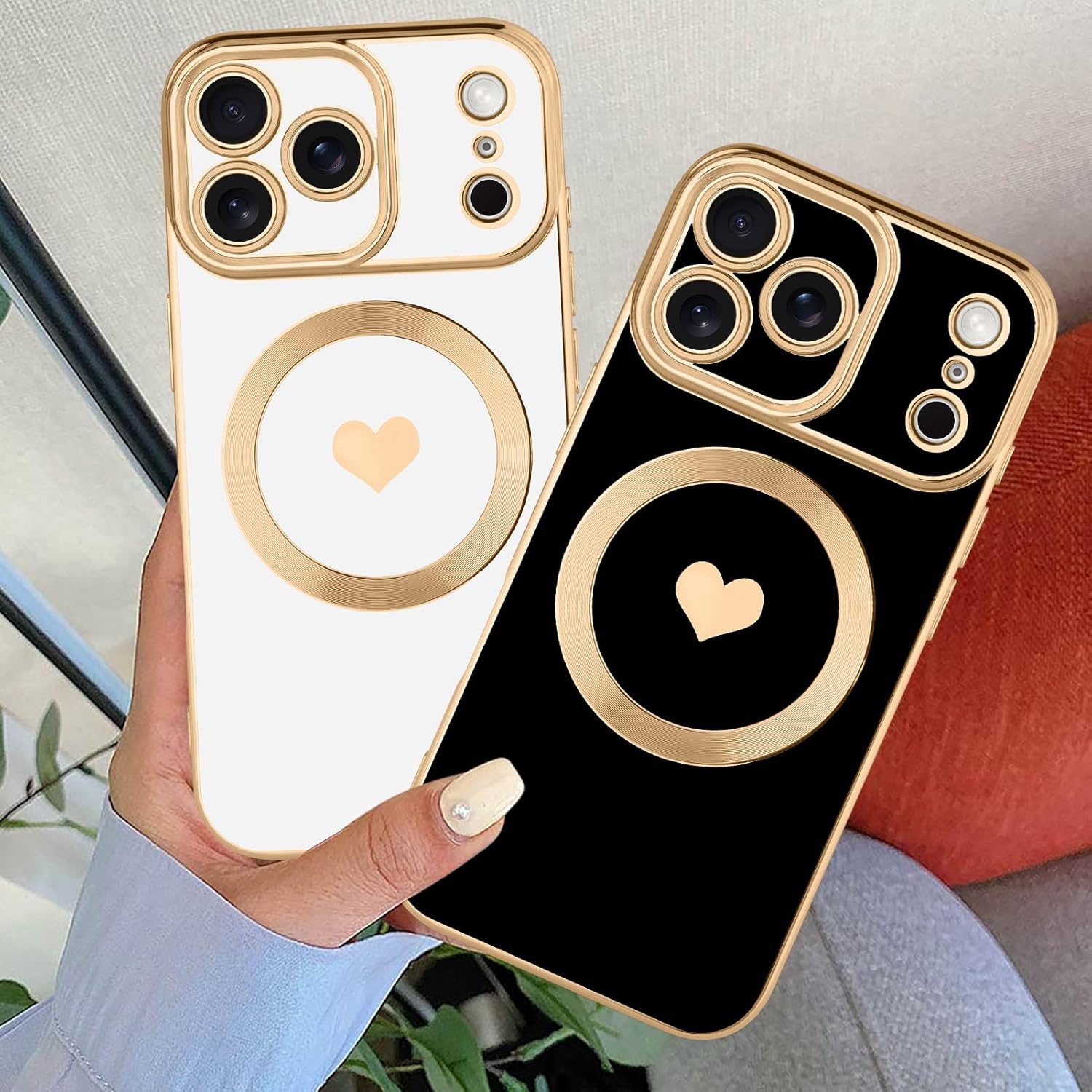 tharlet Magnetic for iPhone 17 Pro Max Case [Compatible with Magsafe] Cute Love Heart Luxury Plating Gold Edge Bumper with Full Camera Lens with Privacy Screen Protector, White (6.9") - Image 3