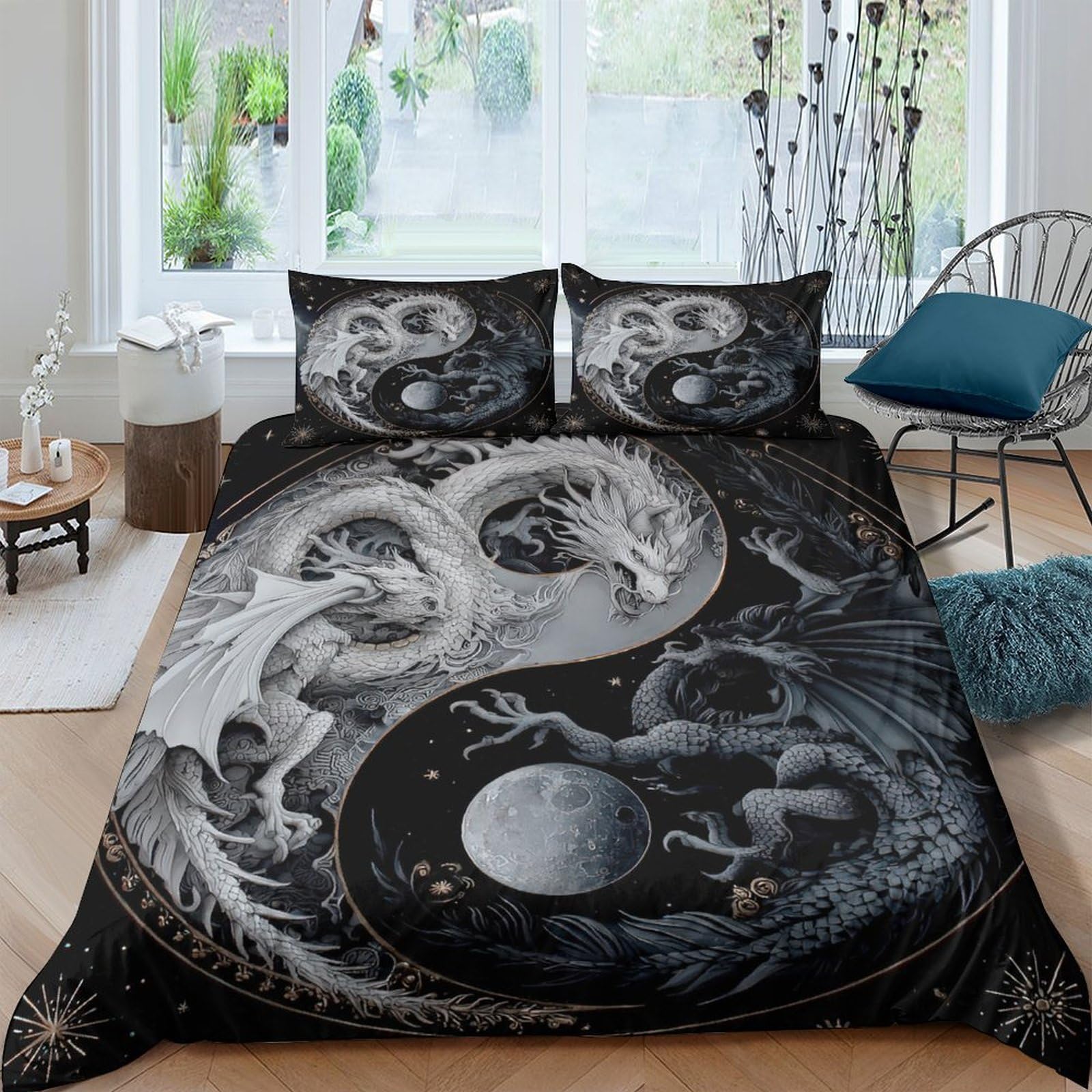 GPLZQXKJNH 3D Printed Yin Yang Dragon Duvet Cover Microfiber Soft Black White Bedding Set with 2 Pillowcases for Bedroom Decor Single（135x200cm）