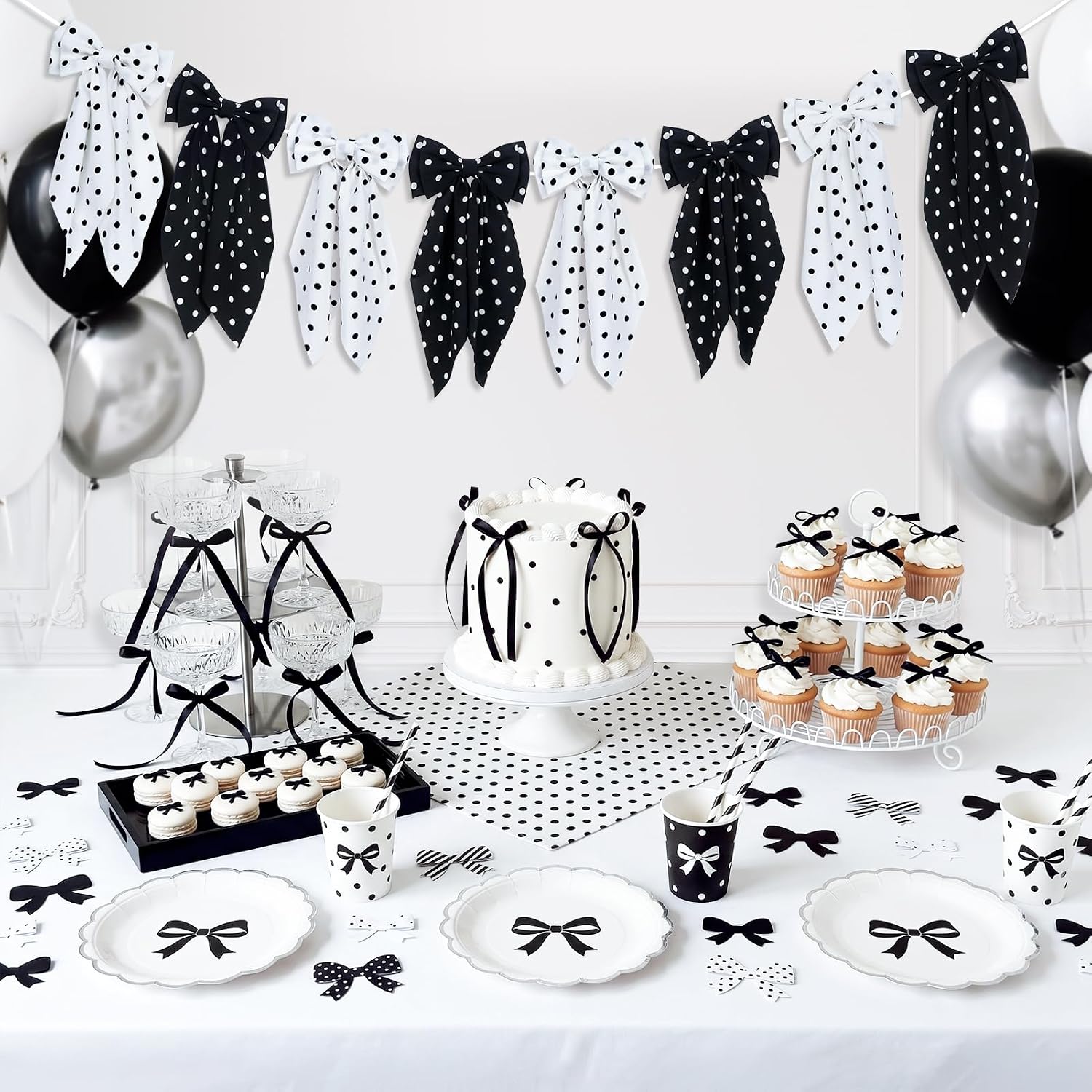 Black and White Polka Dot Bow Garland Banner, Fabric Bows Banner Decor | White Black Polka Dot Bow Birthday Decorations, Wedding Bachelorette Bridal Shower Graduation Party Decorations