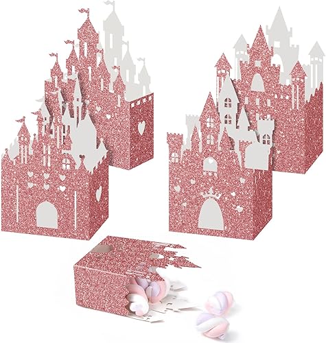 Miniatura 8 de Chrisfall 24 cajas de castillo de princesa, cajas de dulces de castillo de princesa, decoraciones de fiesta de castillo de princesa con purpurina,